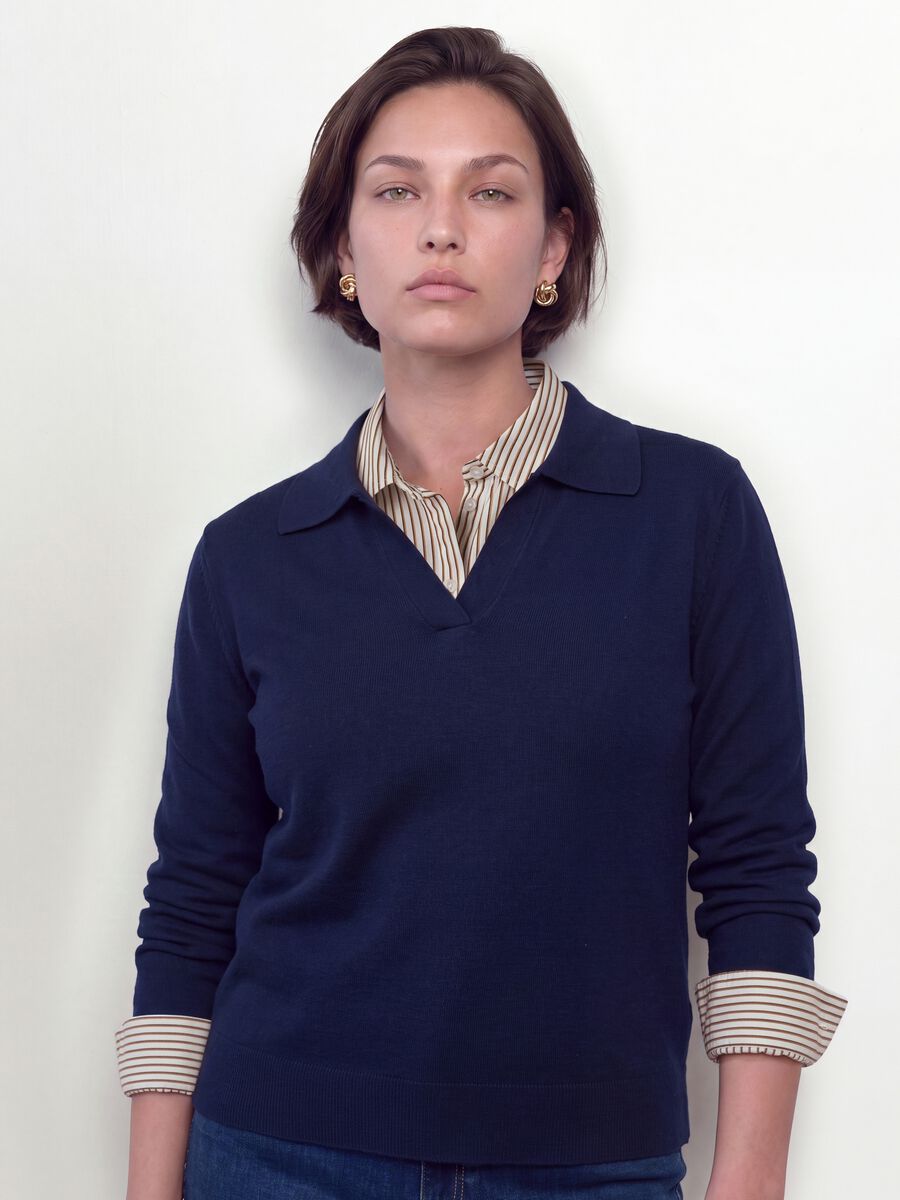 Blue viscose-blend polo-collar jumper with relaxed fit_4