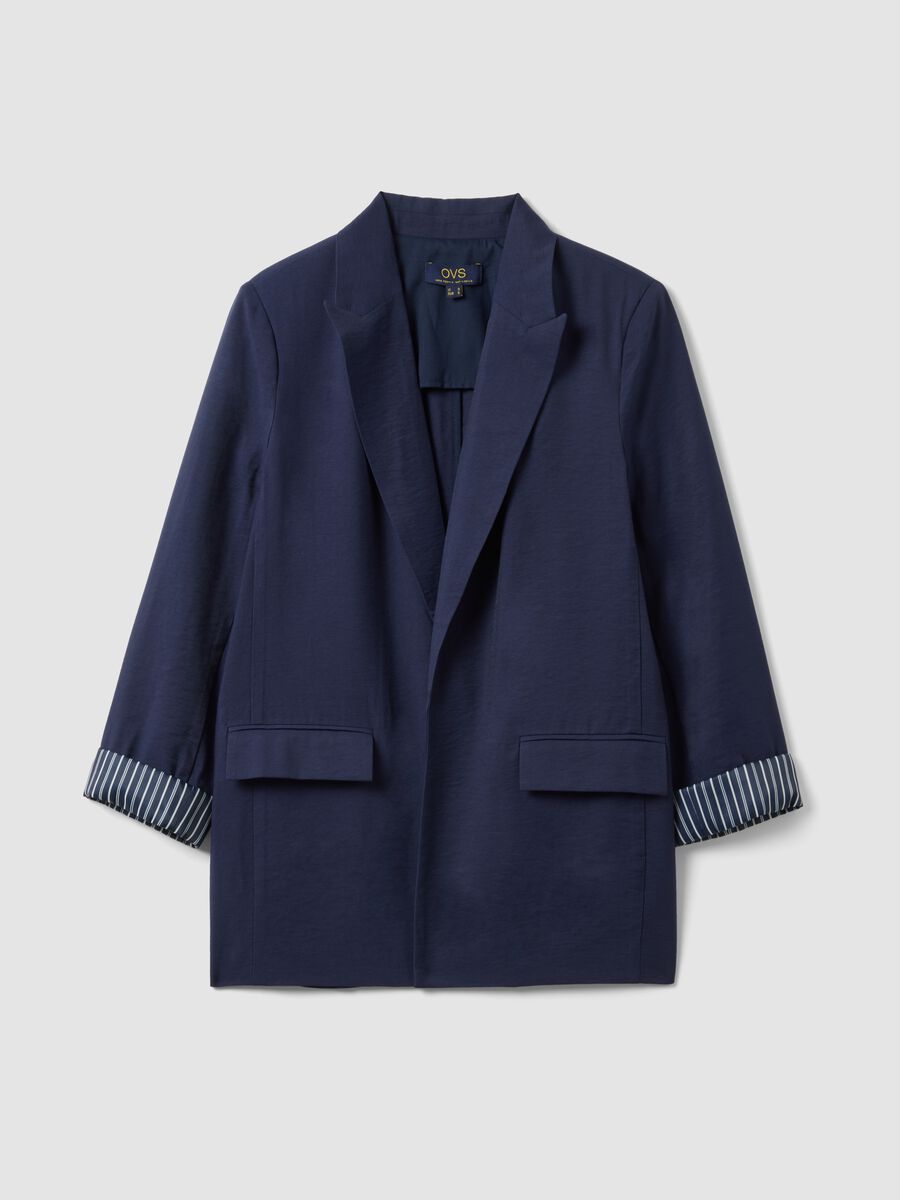 Regular fit blue viscose blend blazer with striped cuffs_0