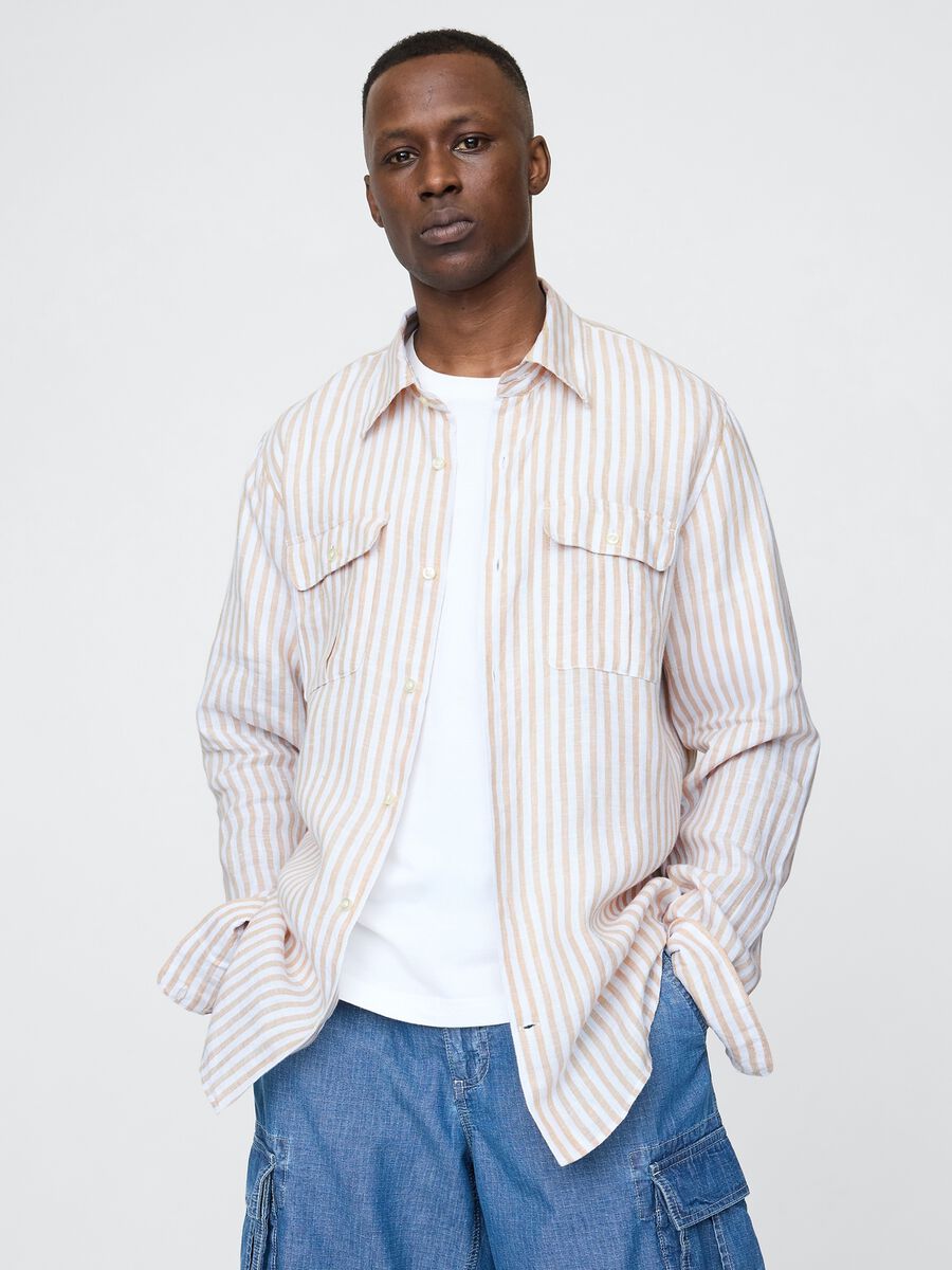 Multicoloured pure linen striped shirt_0