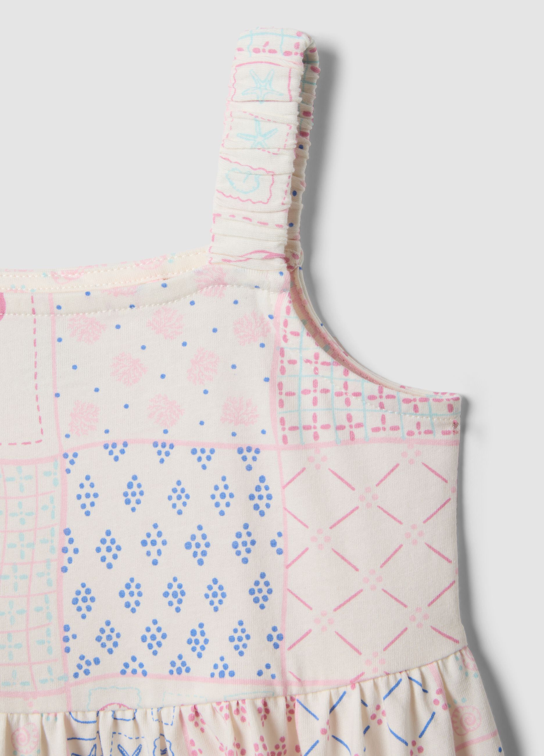 White and pink pure cotton girls&rsquo; dress, regular fit with printed pattern