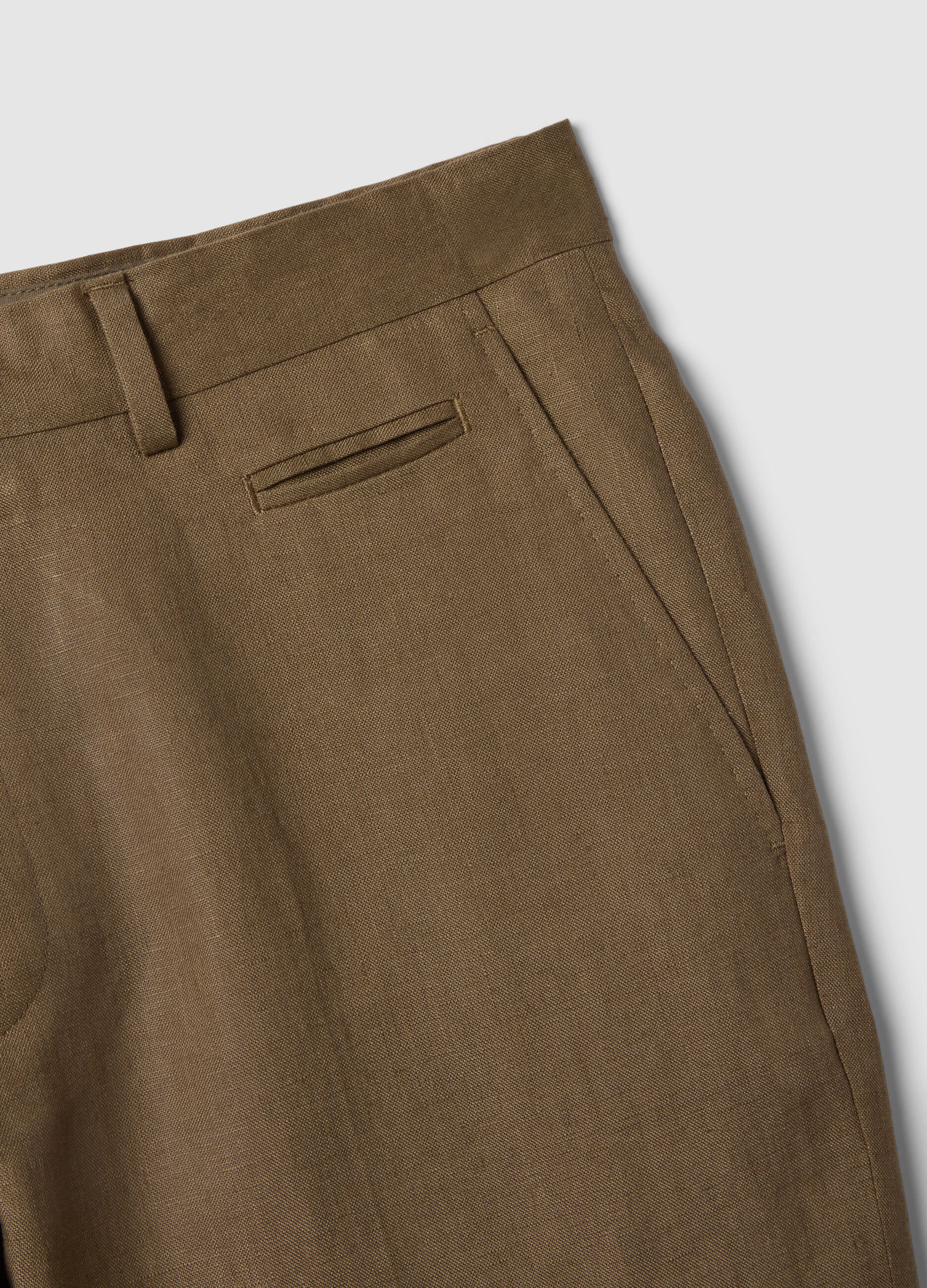 Brown pure linen regular fit trousers