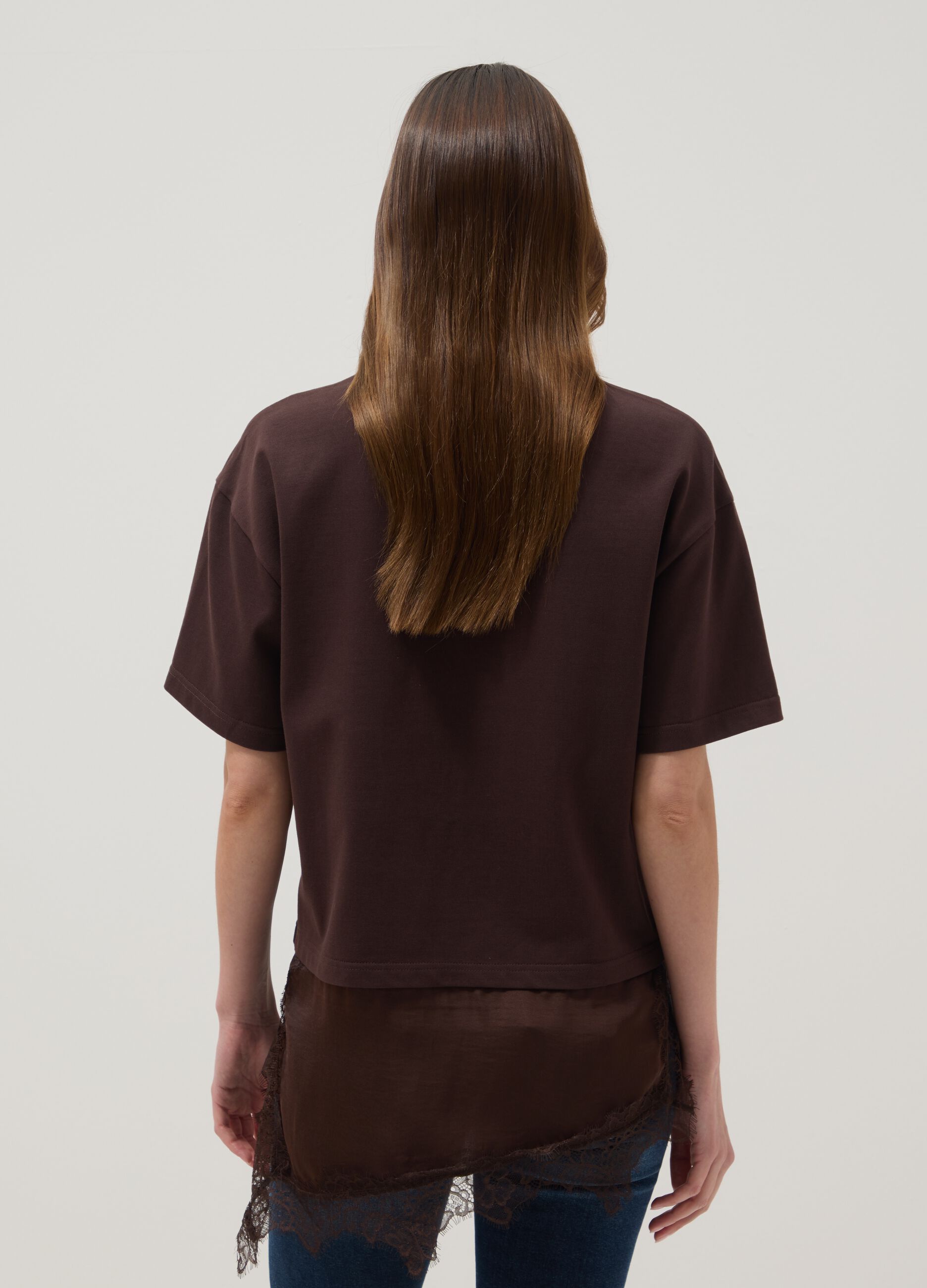 Brown pure cotton T-shirt with lace insert, relaxed fit