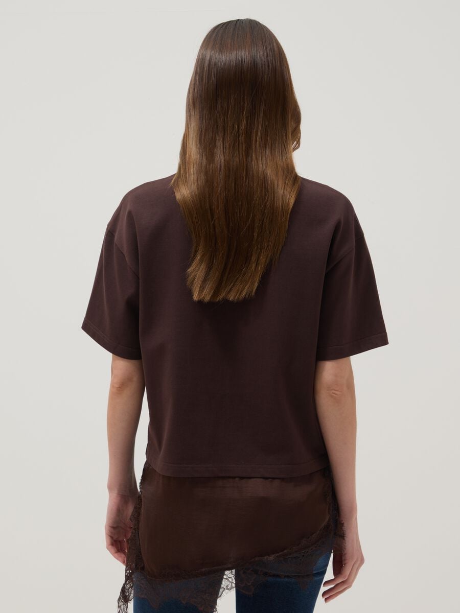 Brown pure cotton T-shirt with lace insert, relaxed fit_3