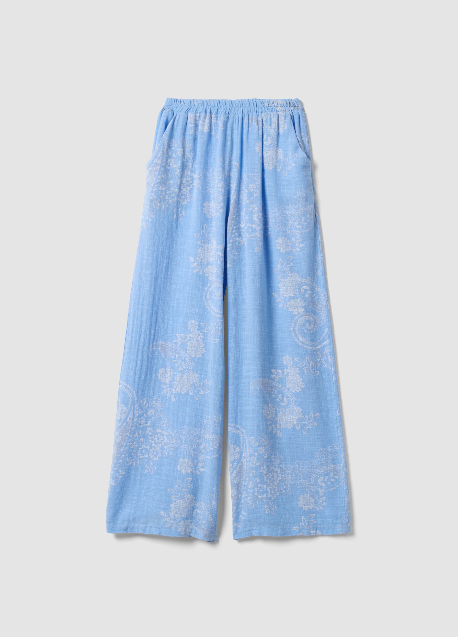 Cal&ccedil;as azul-claro largas em algod&atilde;o puro com estampado paisley &ndash; Regular fit