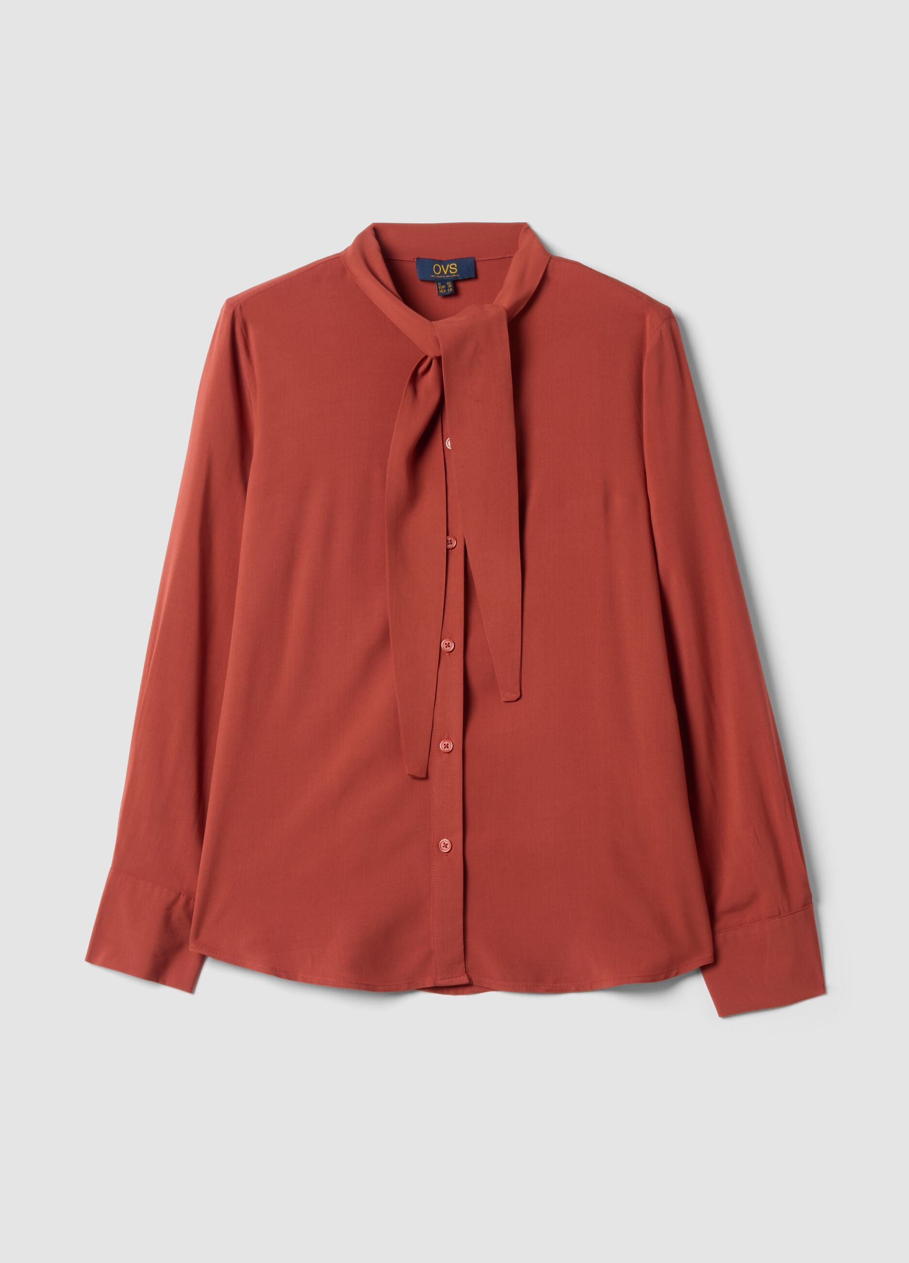 Red pure viscose shirt with neck bow, regular fit