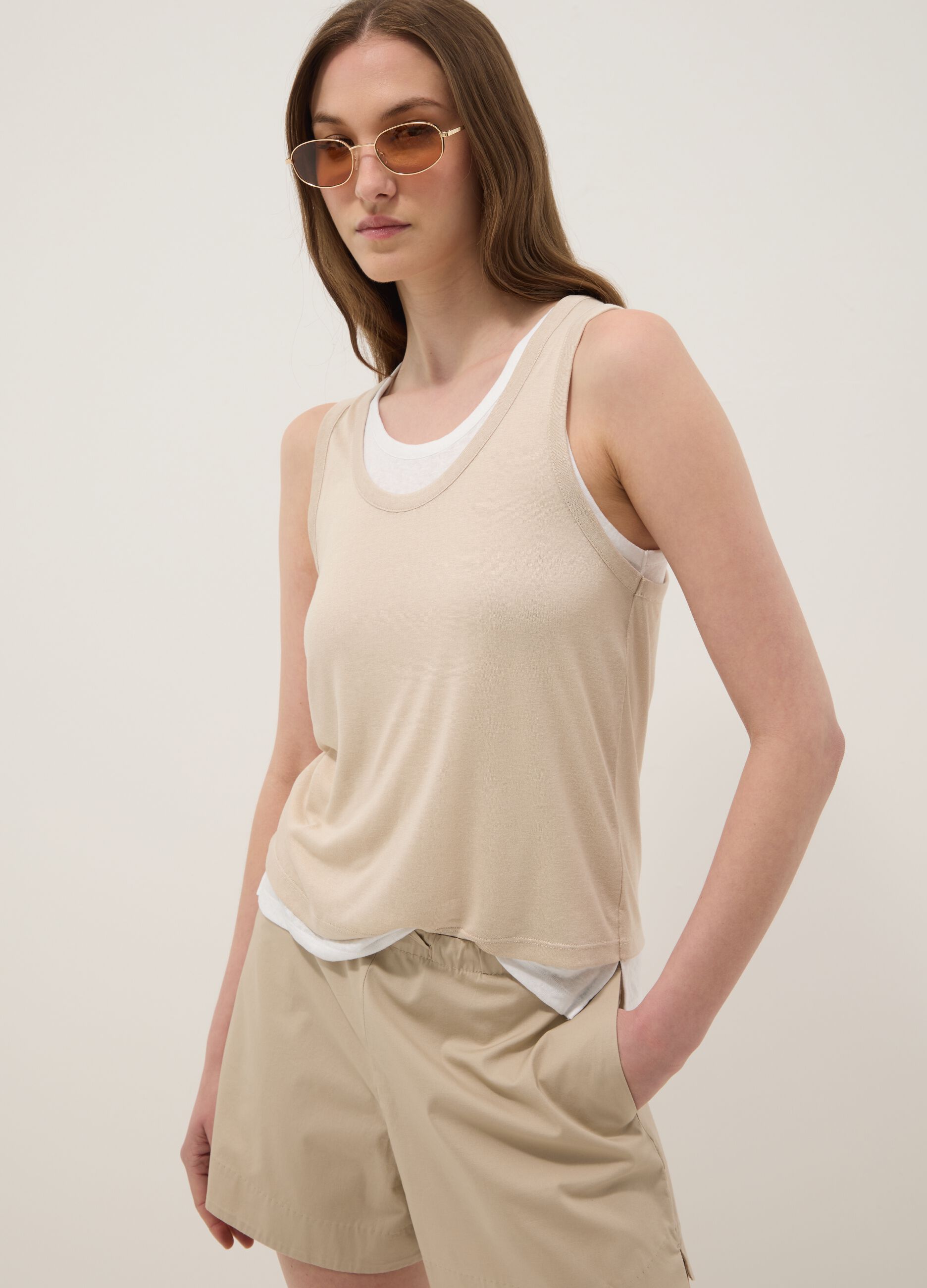 Beige regular-fit viscose-blend tank top