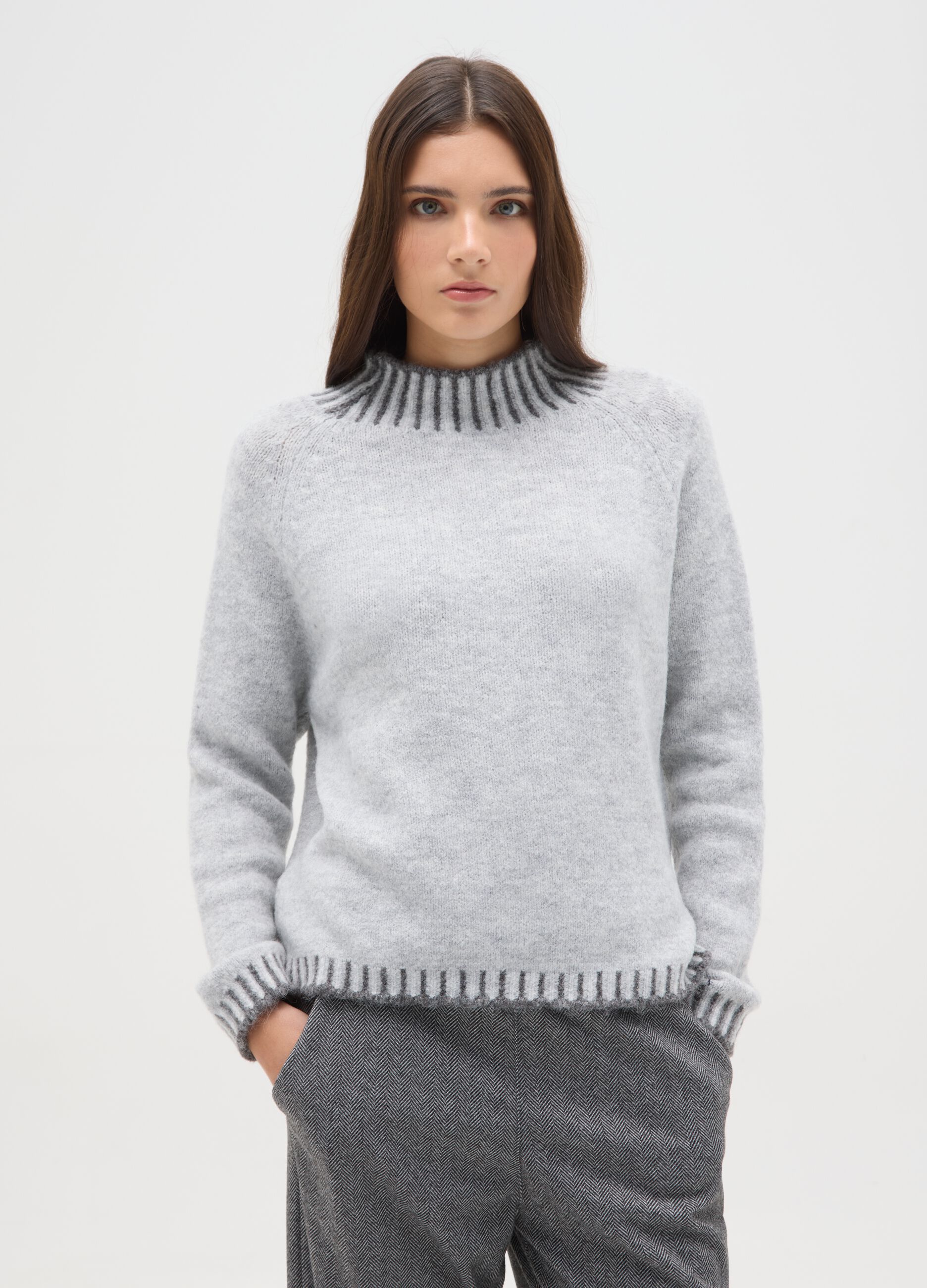 Grey regular fit jumper with ribbed collar and cut-out details