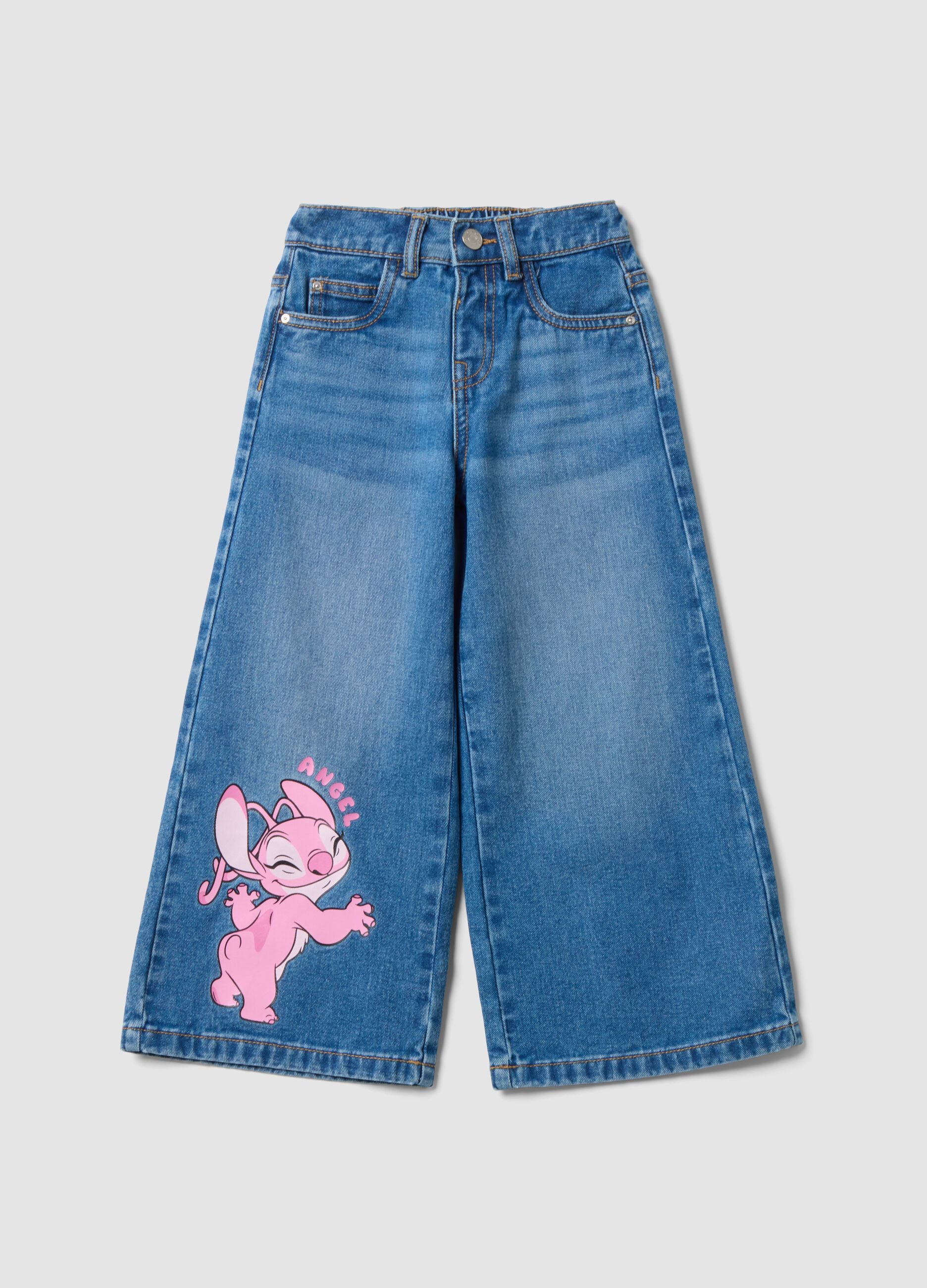 Cal&ccedil;as de ganga azul em algod&atilde;o puro wide leg com estampado Lilo & Stitch para menina