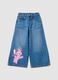 Cal&ccedil;as de ganga azul em algod&atilde;o puro wide leg com estampado Lilo & Stitch para menina_0
