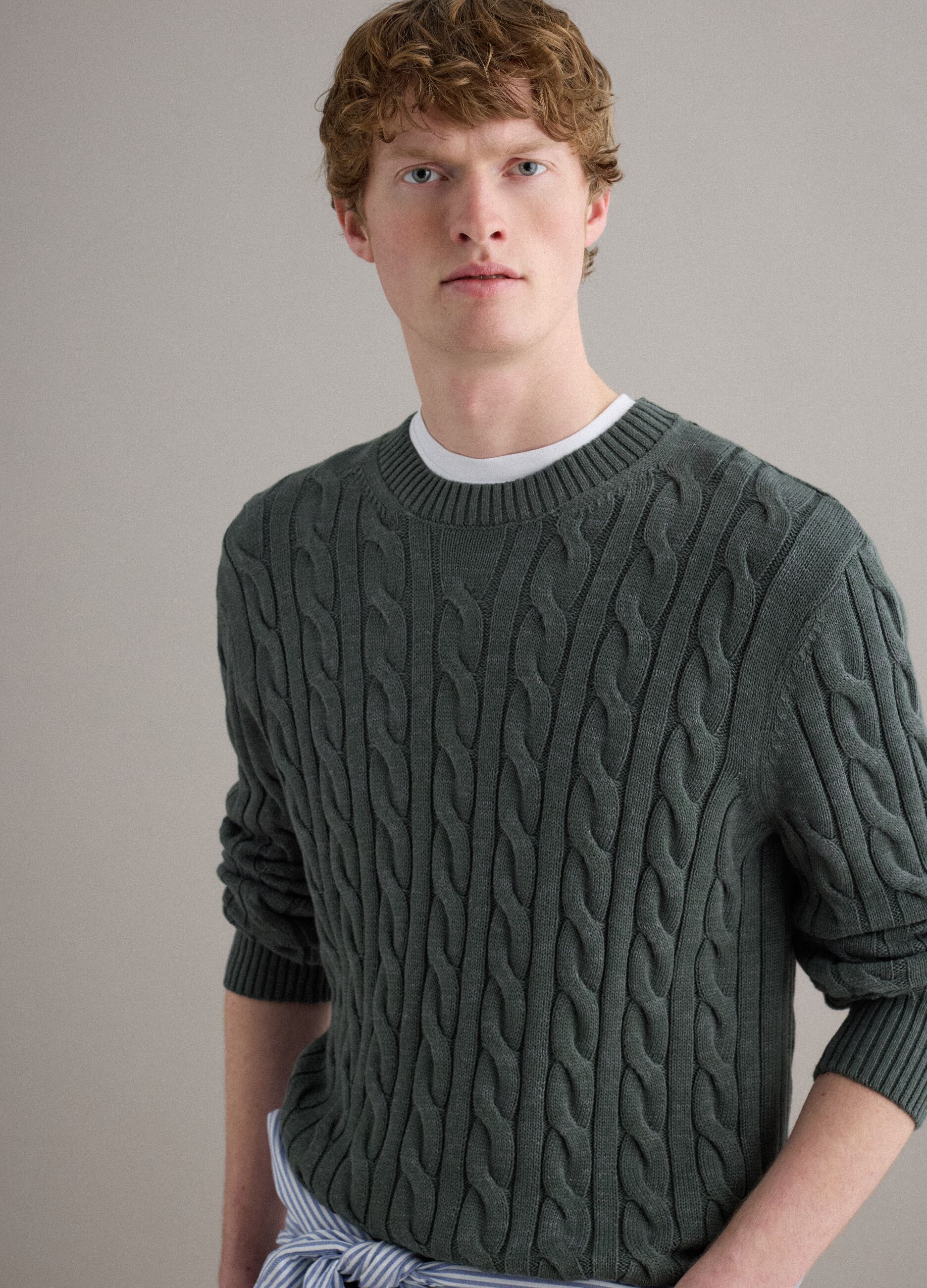 Green pure cotton regular fit jumper with woven design
