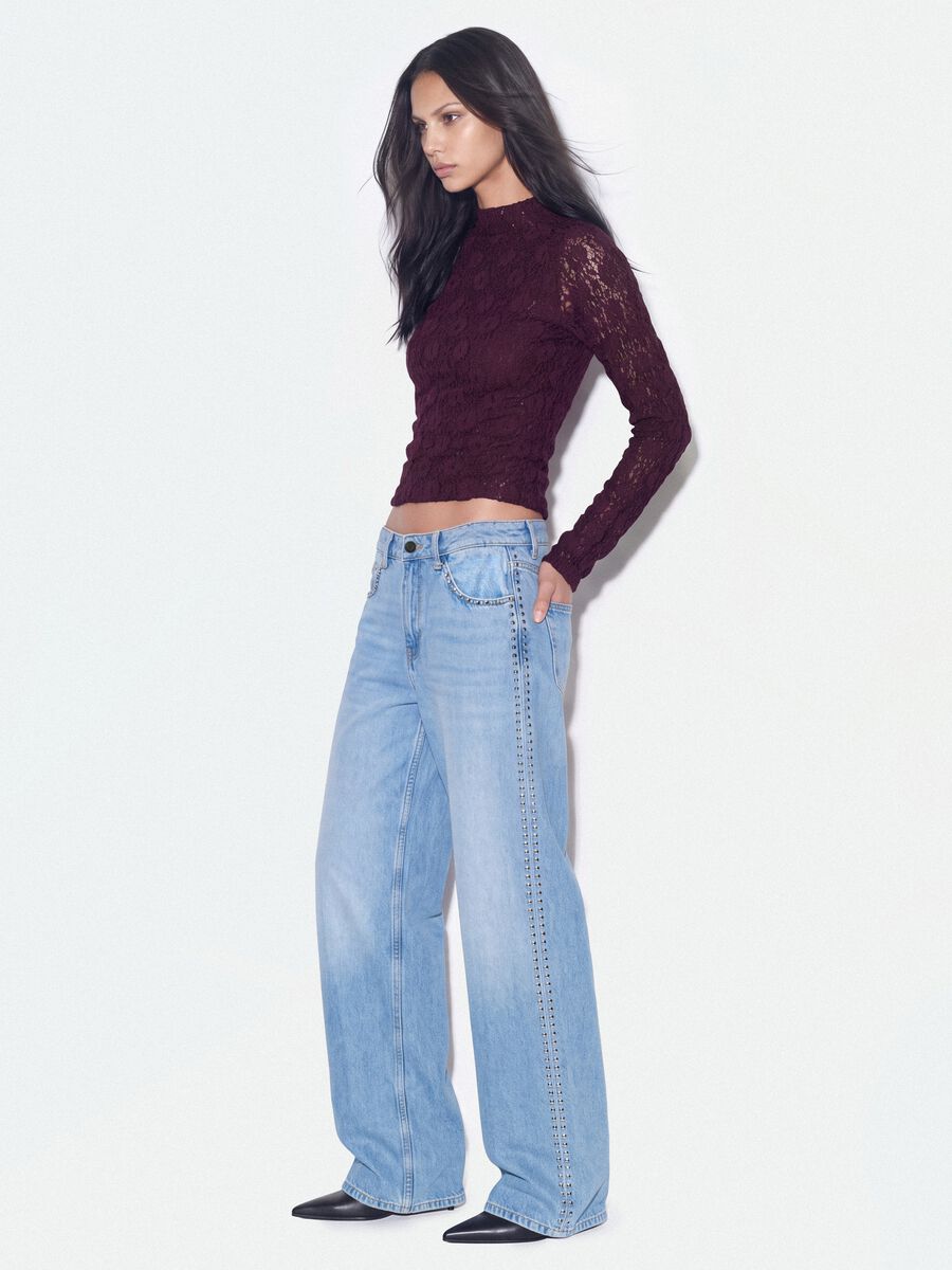 Violettes, perforiertes Stretch-Shirt mit Stehkragen_1