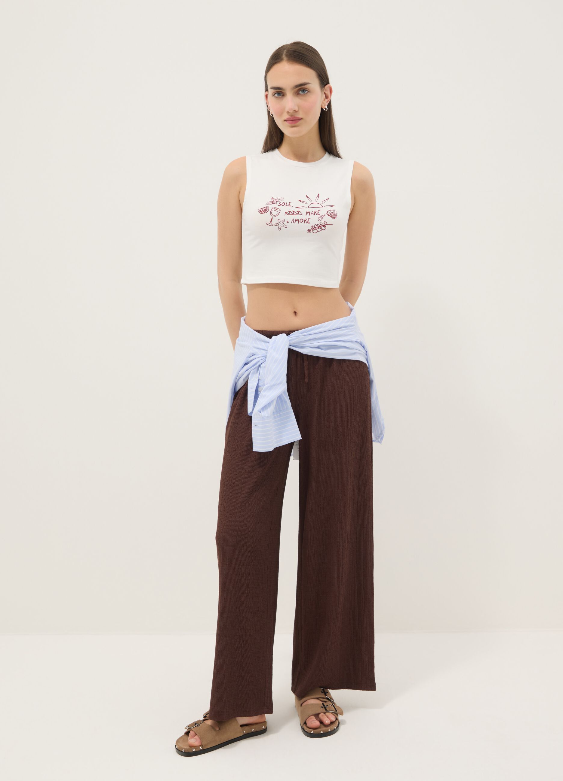Wei&szlig;es Regular-Fit Tanktop aus elastischer Baumwolle mit Prints