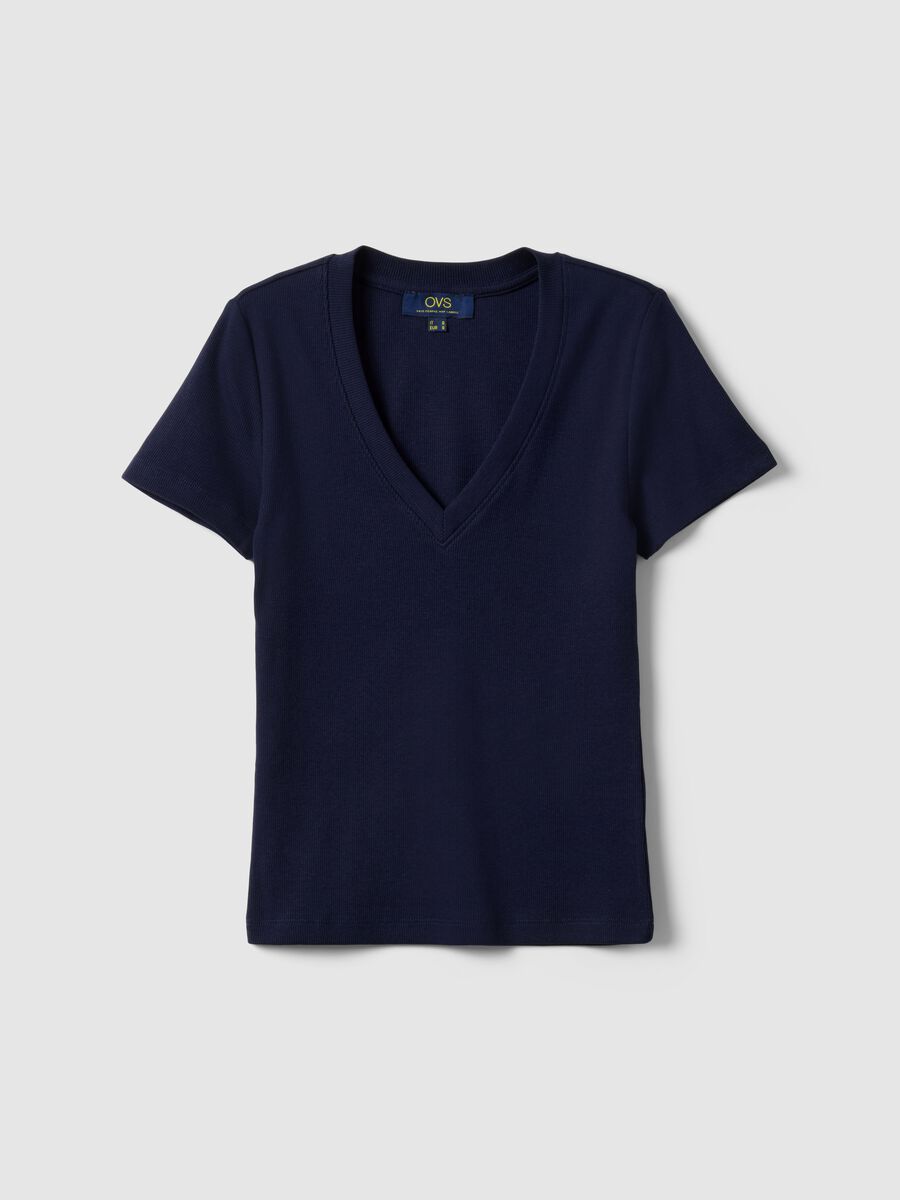 Blue stretch cotton T-shirt with deep V-neck regular fit_4