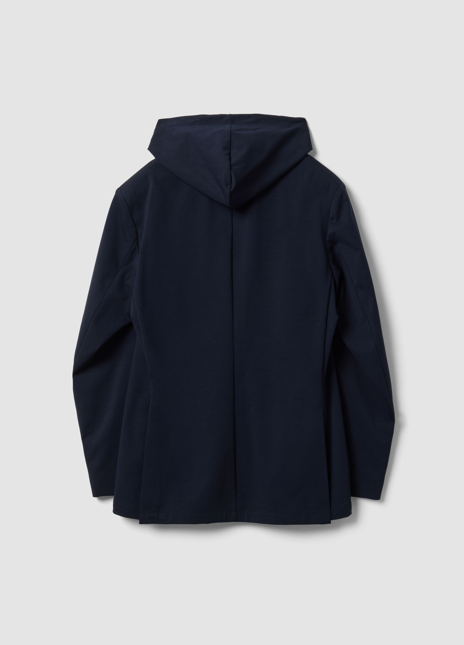 Blazer blu in cotone elasticizzato con cappuccio e rever classici