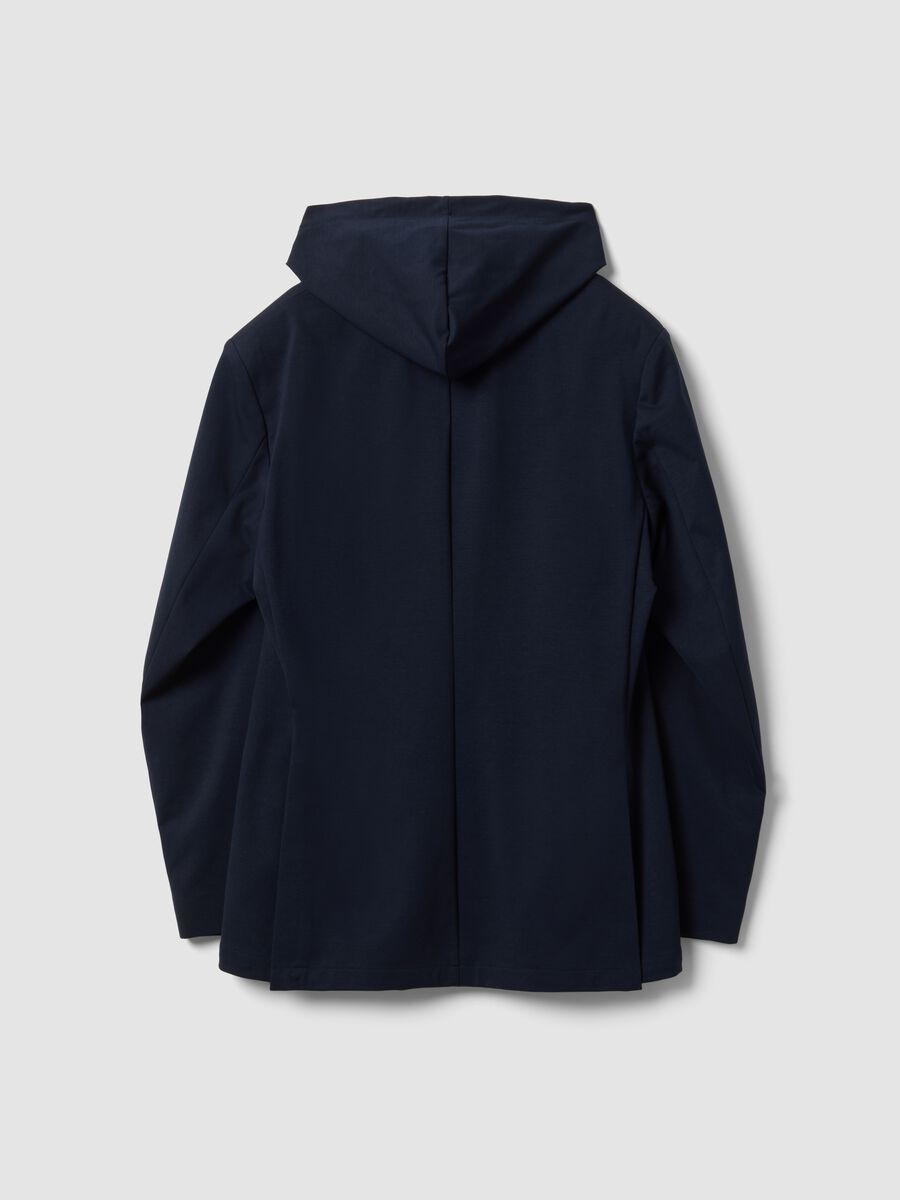 Blazer blu in cotone elasticizzato con cappuccio e rever classici_2