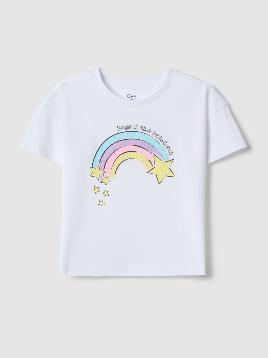 Girl's white pure cotton T-shirt regular fit with rainbow_0