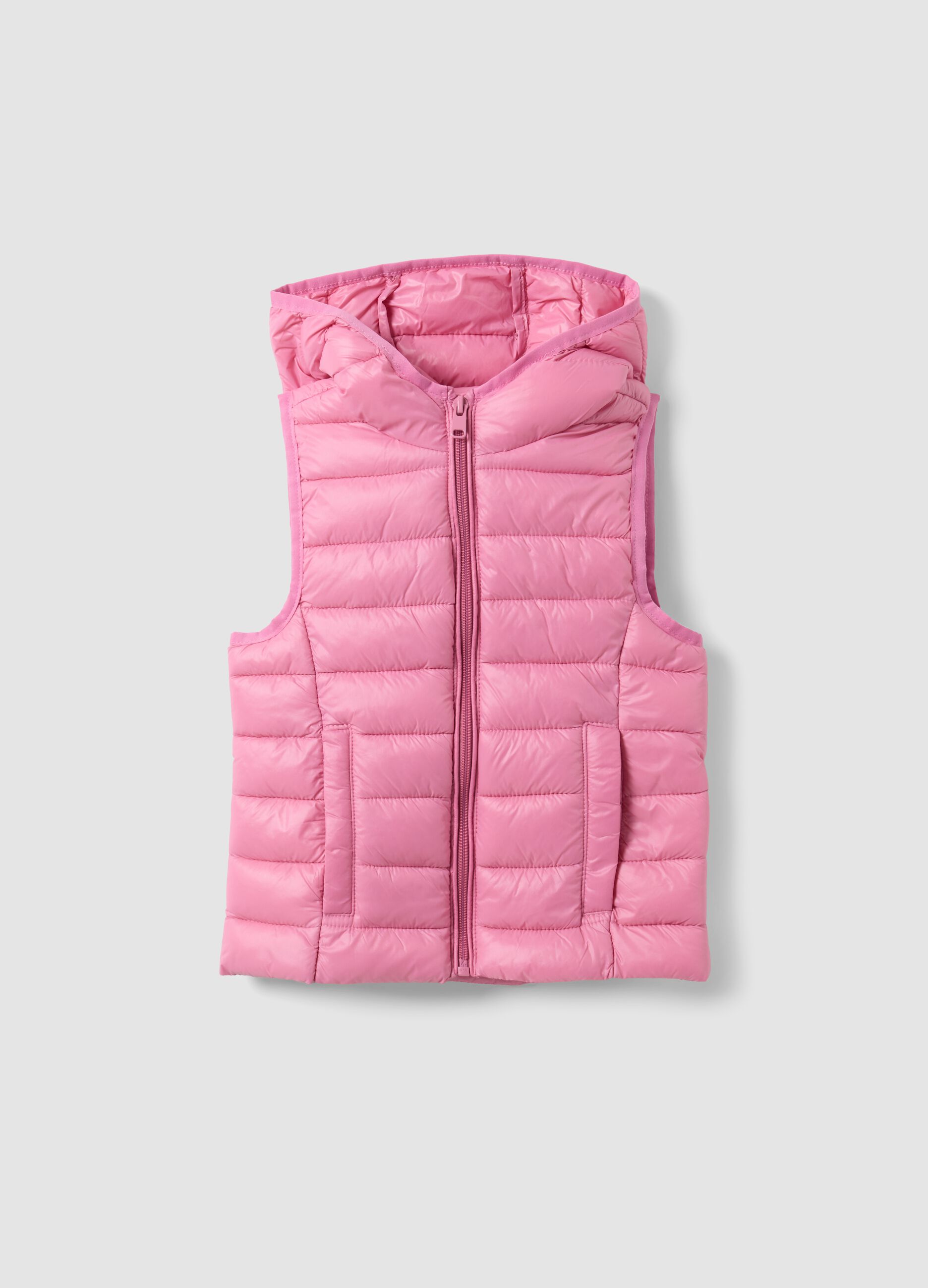 Colete ultralight rosa acolchoado com capuz e fecho de correr para menina