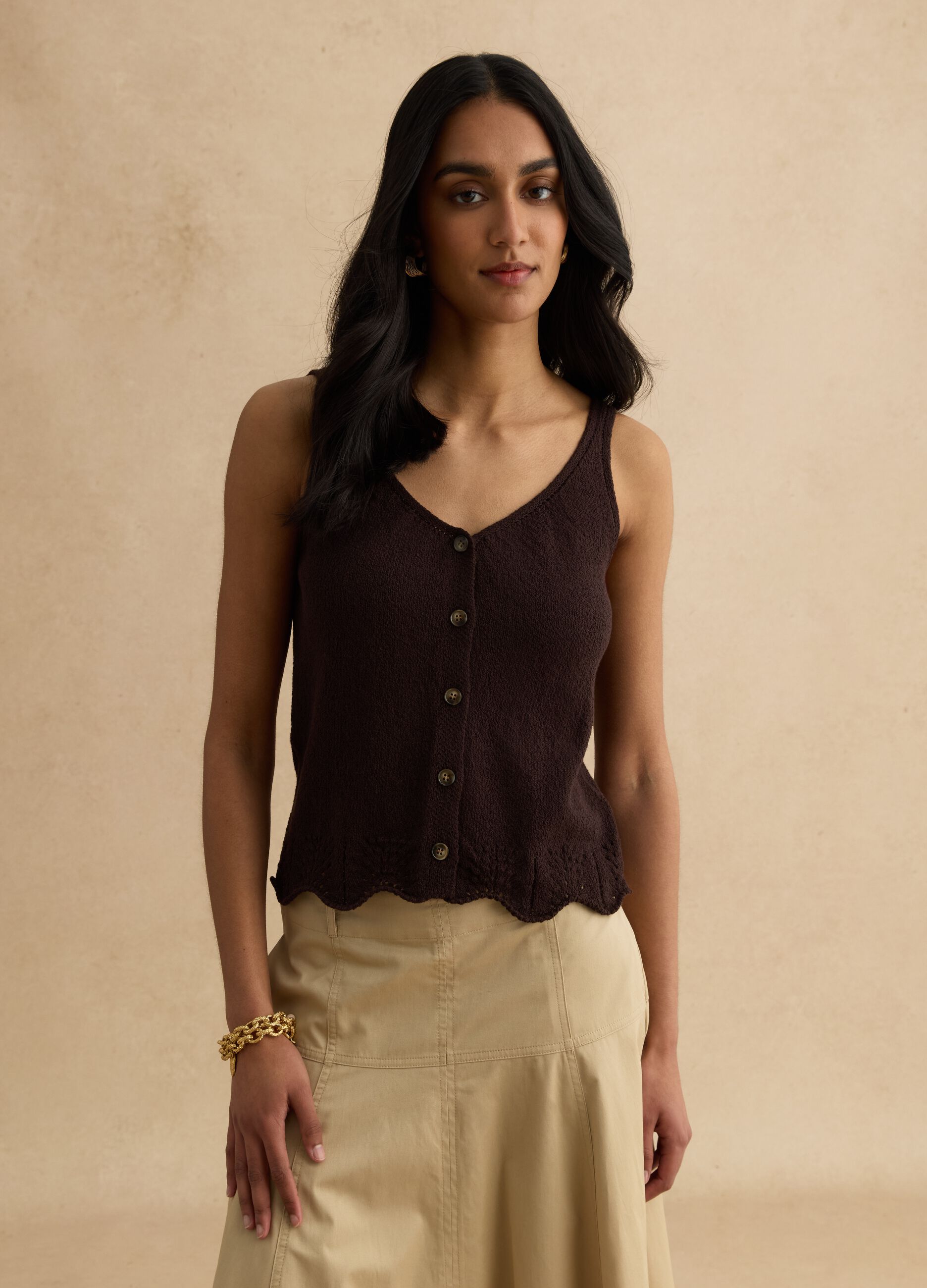 Brown cotton blend regular fit tank top with buttons