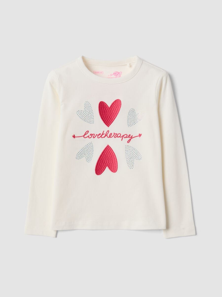 White stretch-cotton regular-fit T-shirt with embroidered hearts_0