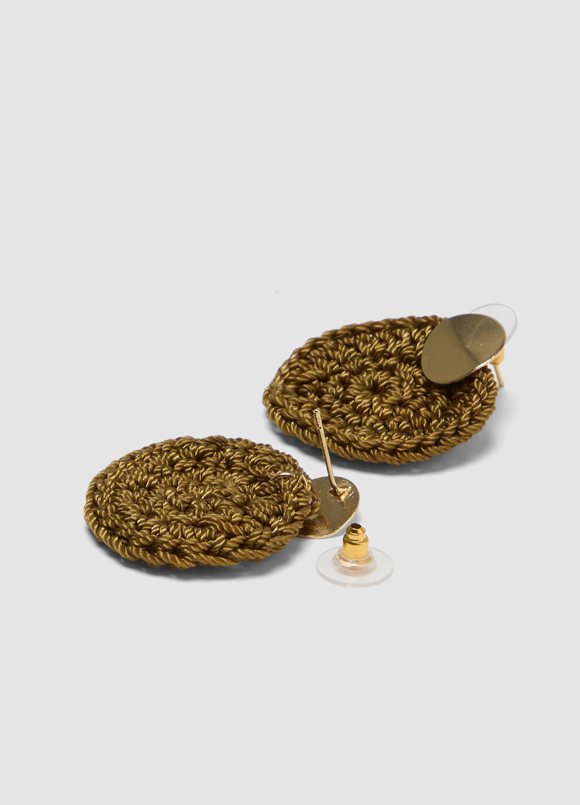 Round braided brown earrings with gold-tone detail