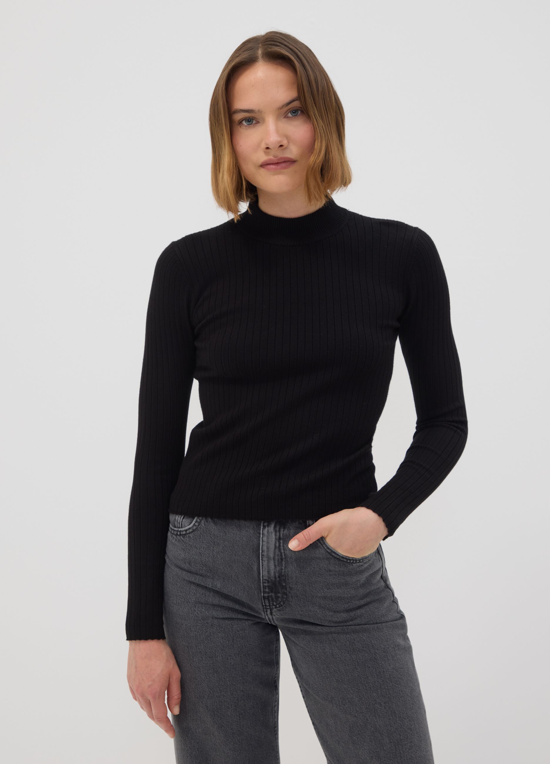 Black ribbed viscose-blend fitted top with high neck