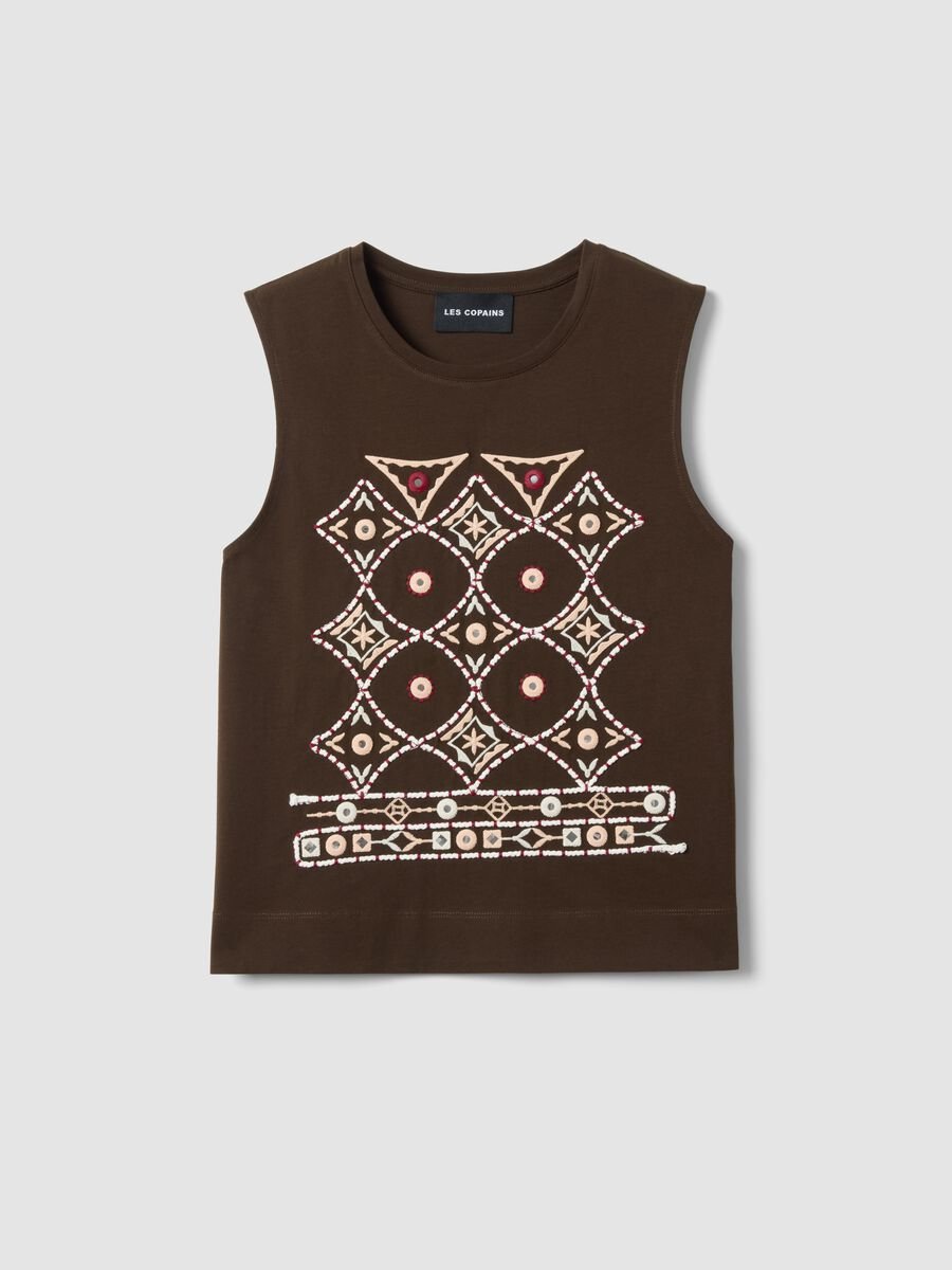 Regul&auml;r geschnittenes Tanktop aus brauner reiner Baumwolle mit Stickerei_4