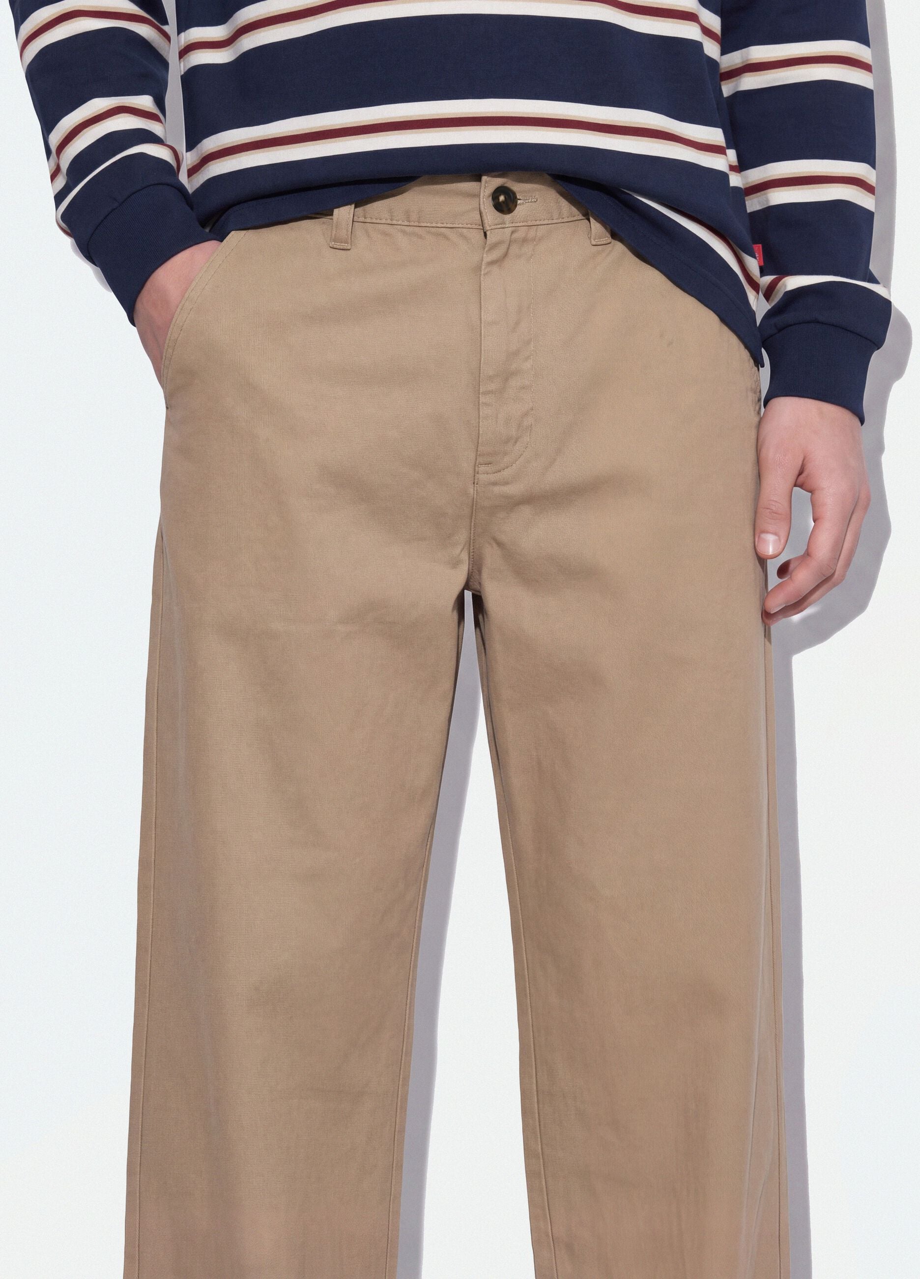 Beige pure cotton barrel-fit chino trousers