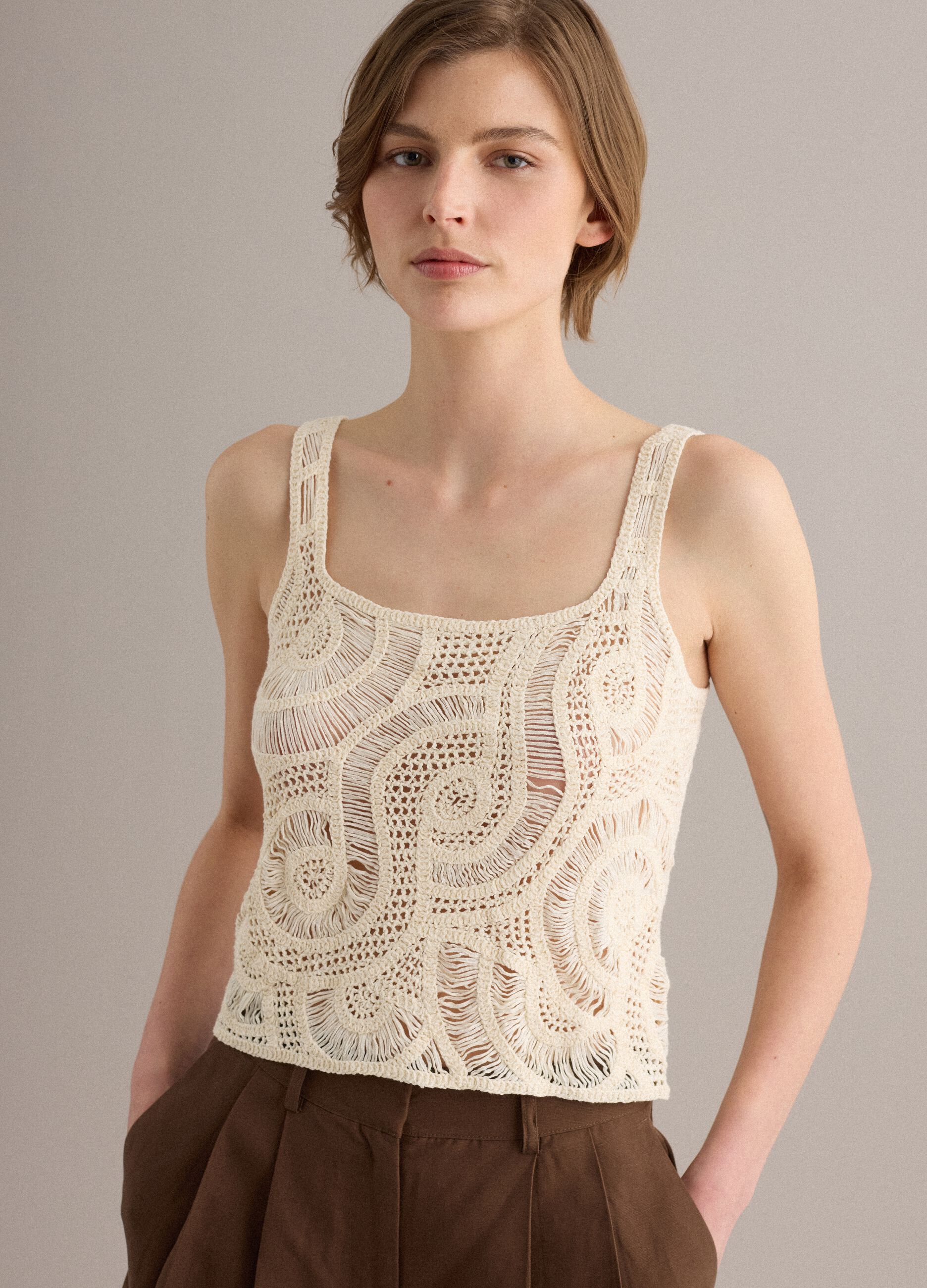 Beige crochet cotton-blend tank top