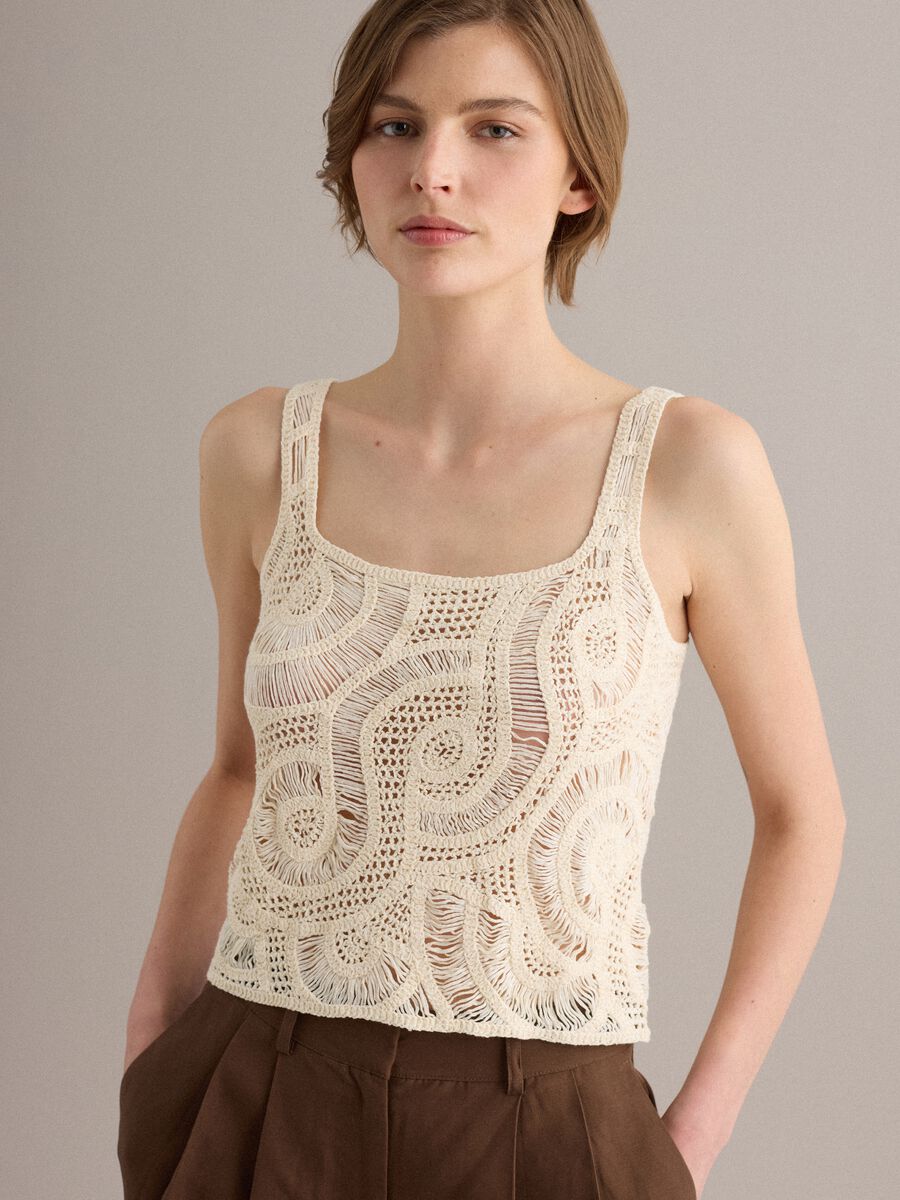 Beige crochet cotton-blend tank top_3
