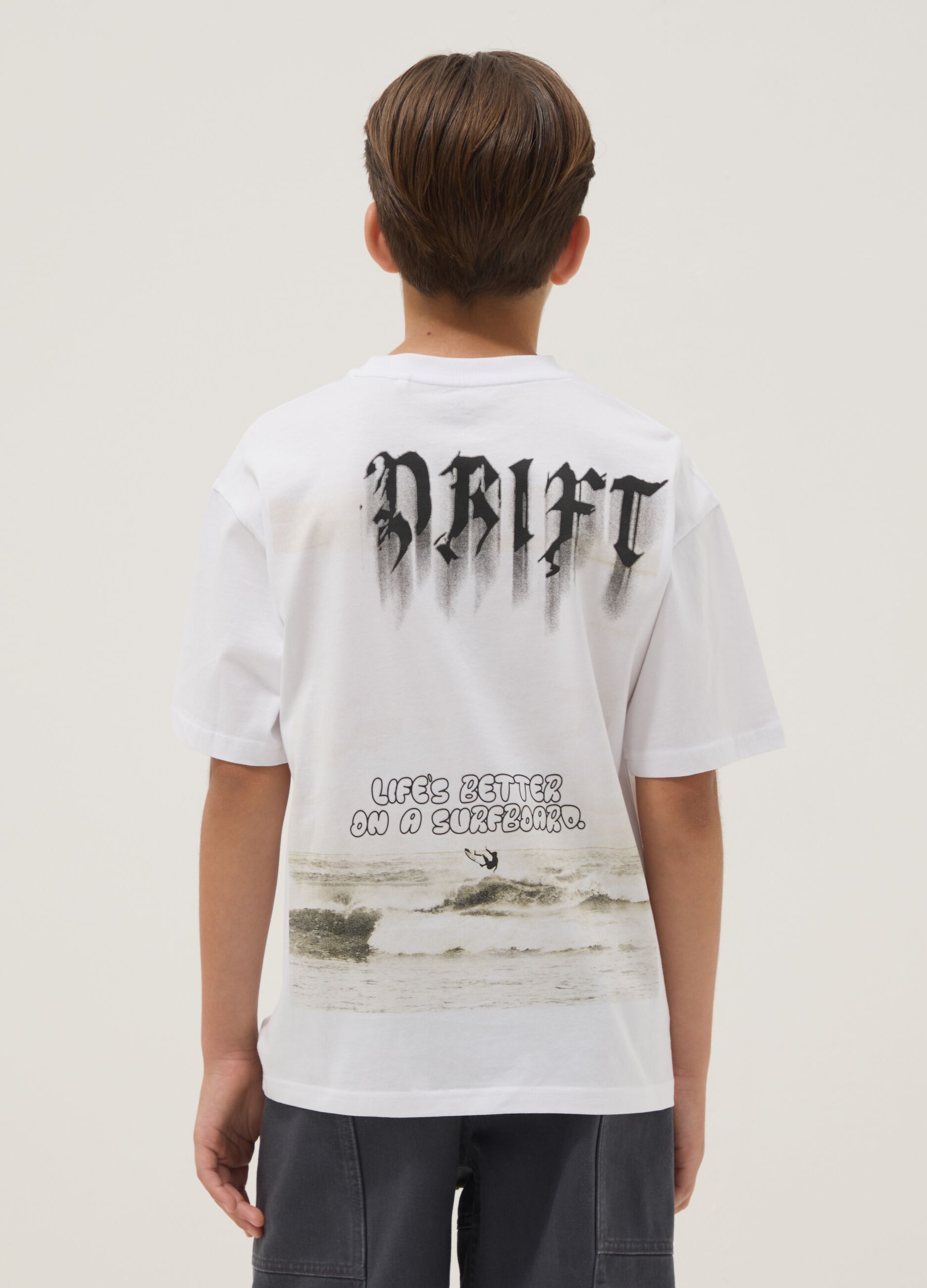 White short-sleeve pure cotton oversized-fit boys&rsquo; T-shirt