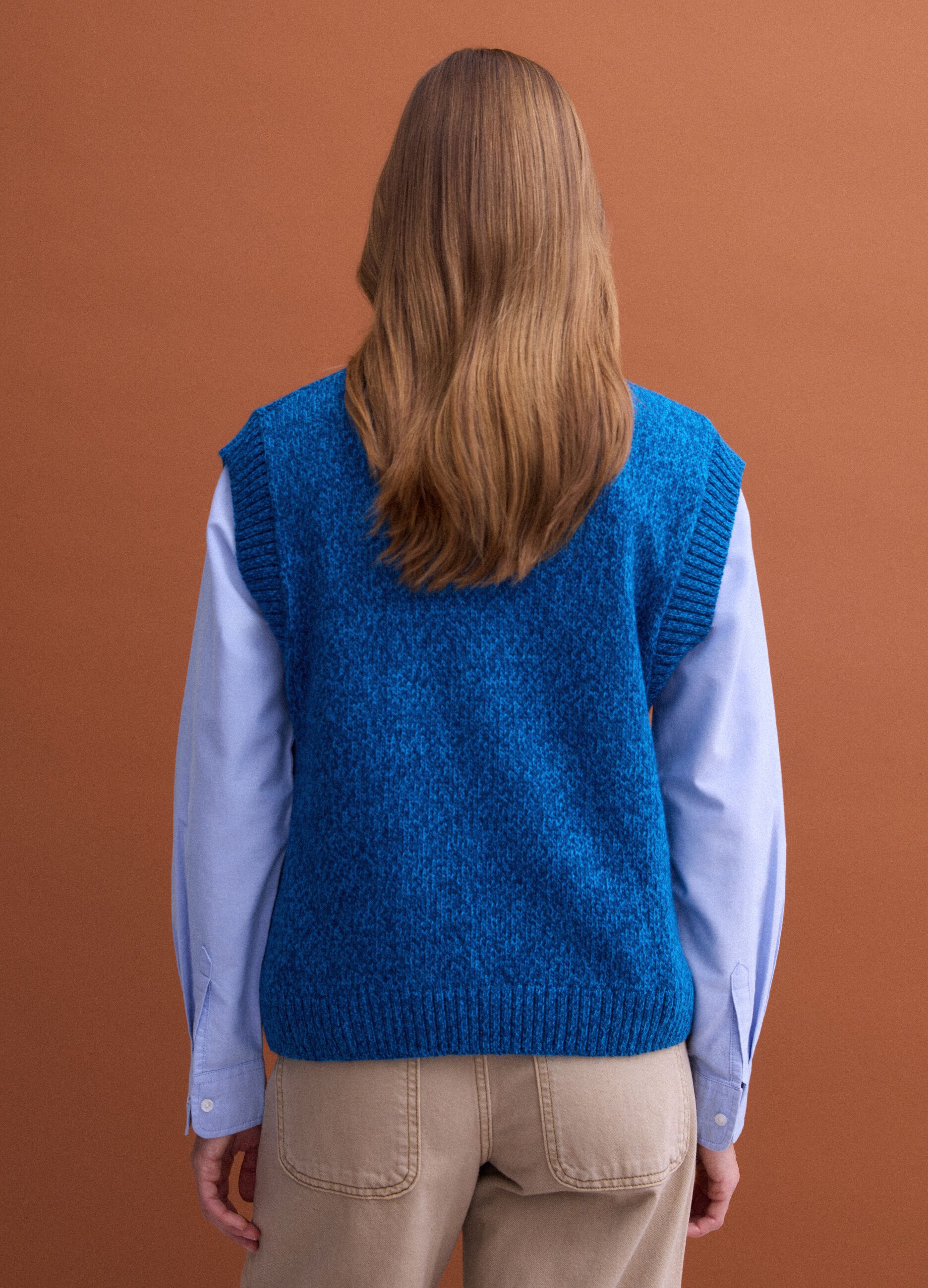 Blue wool-blend crew-neck vest with oversized fit