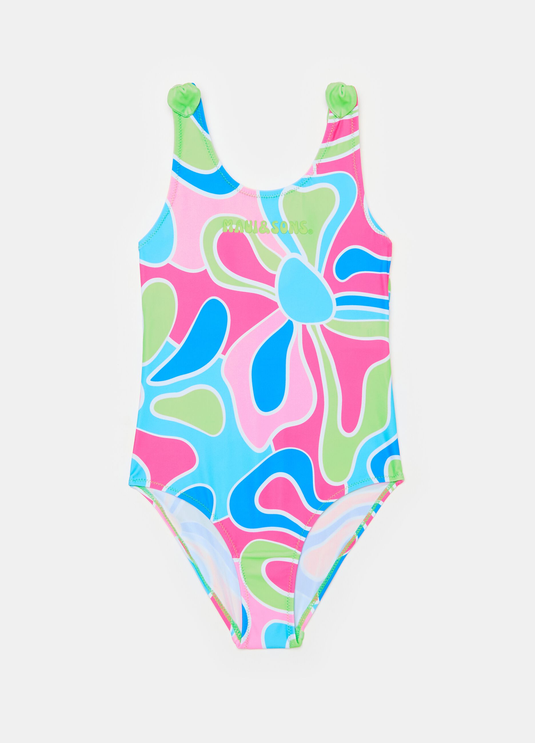 One-piece swimsuit with flowers print and logo