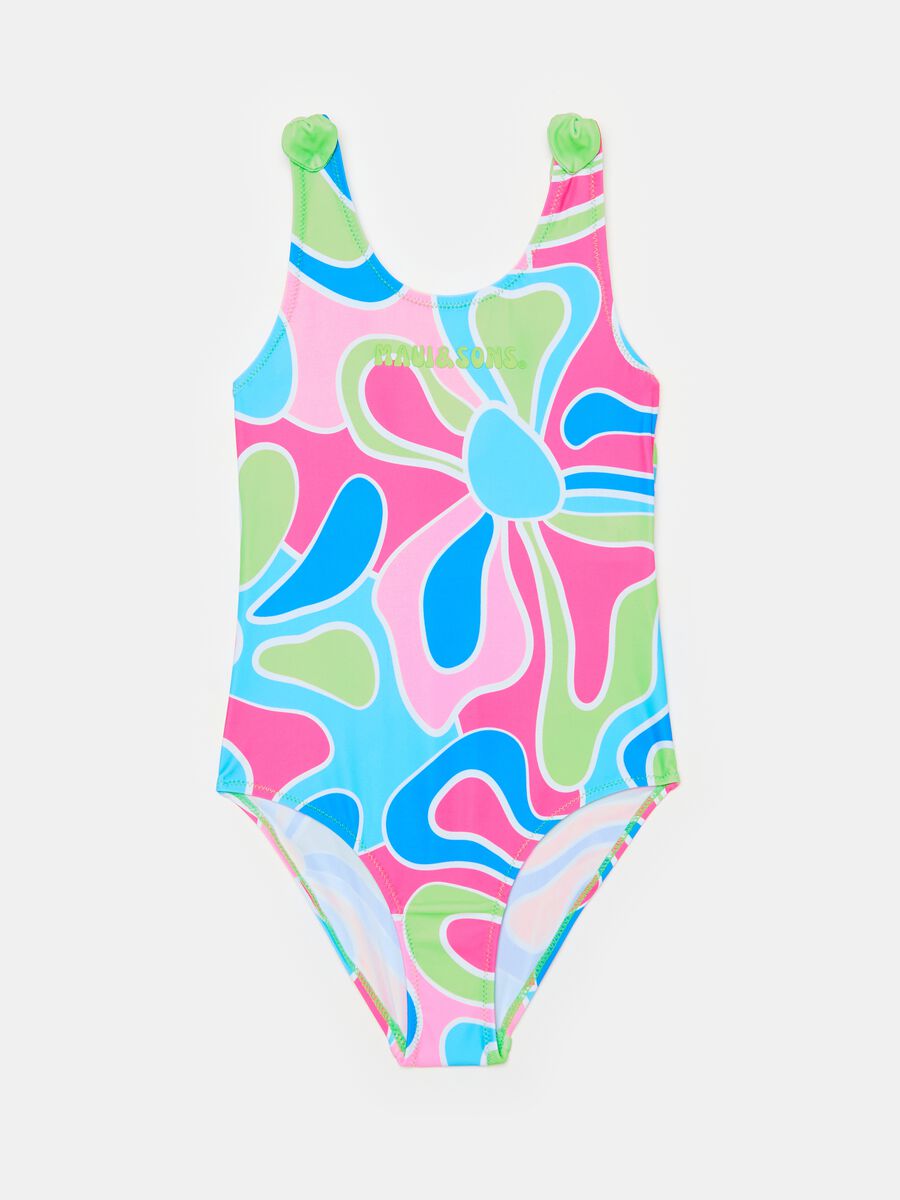 One-piece swimsuit with flowers print and logo_0