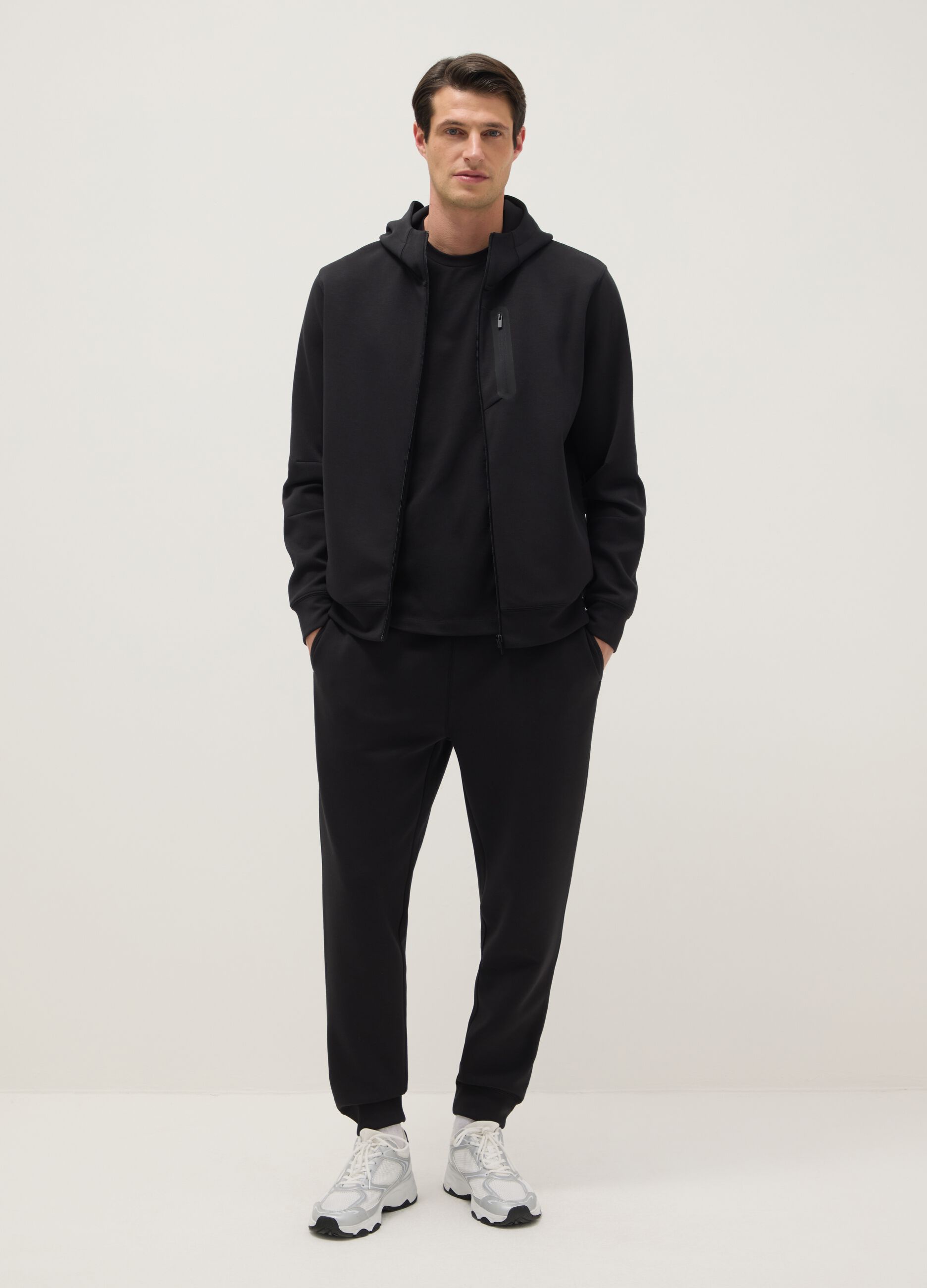 Black regular fit hoodie with front zip collar