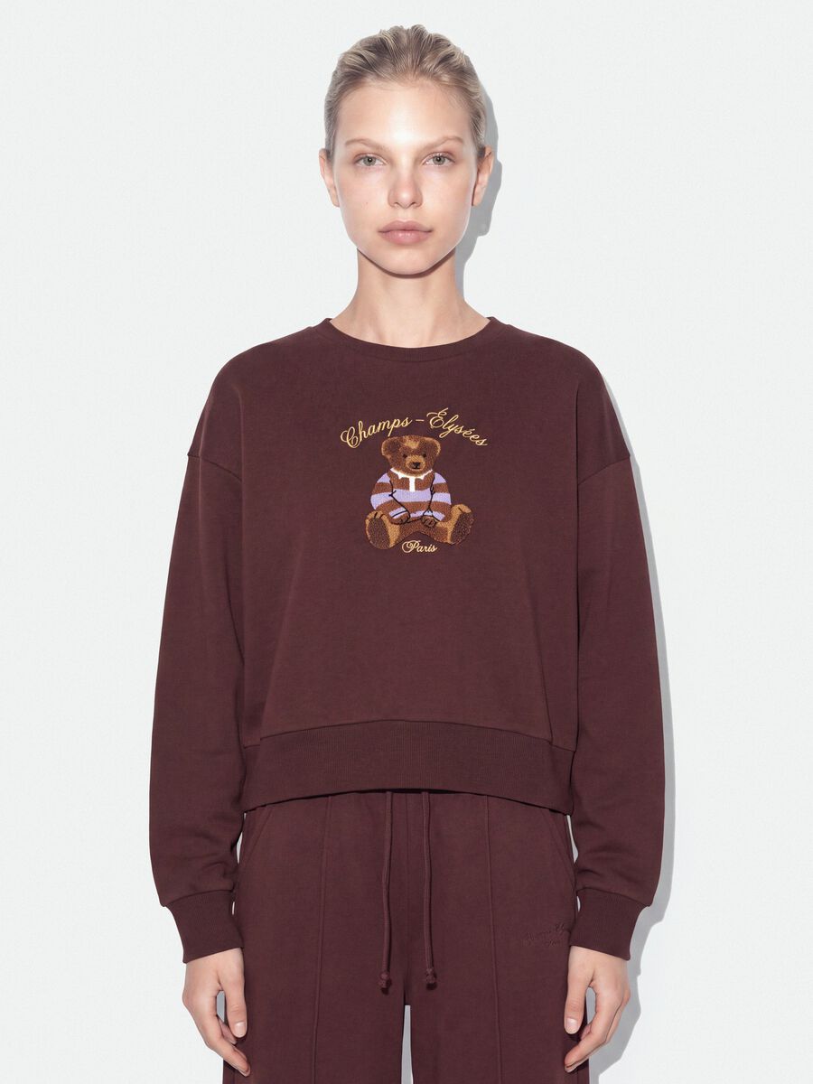 Brown cotton-blend crew-neck sweatshirt with teddy print_0