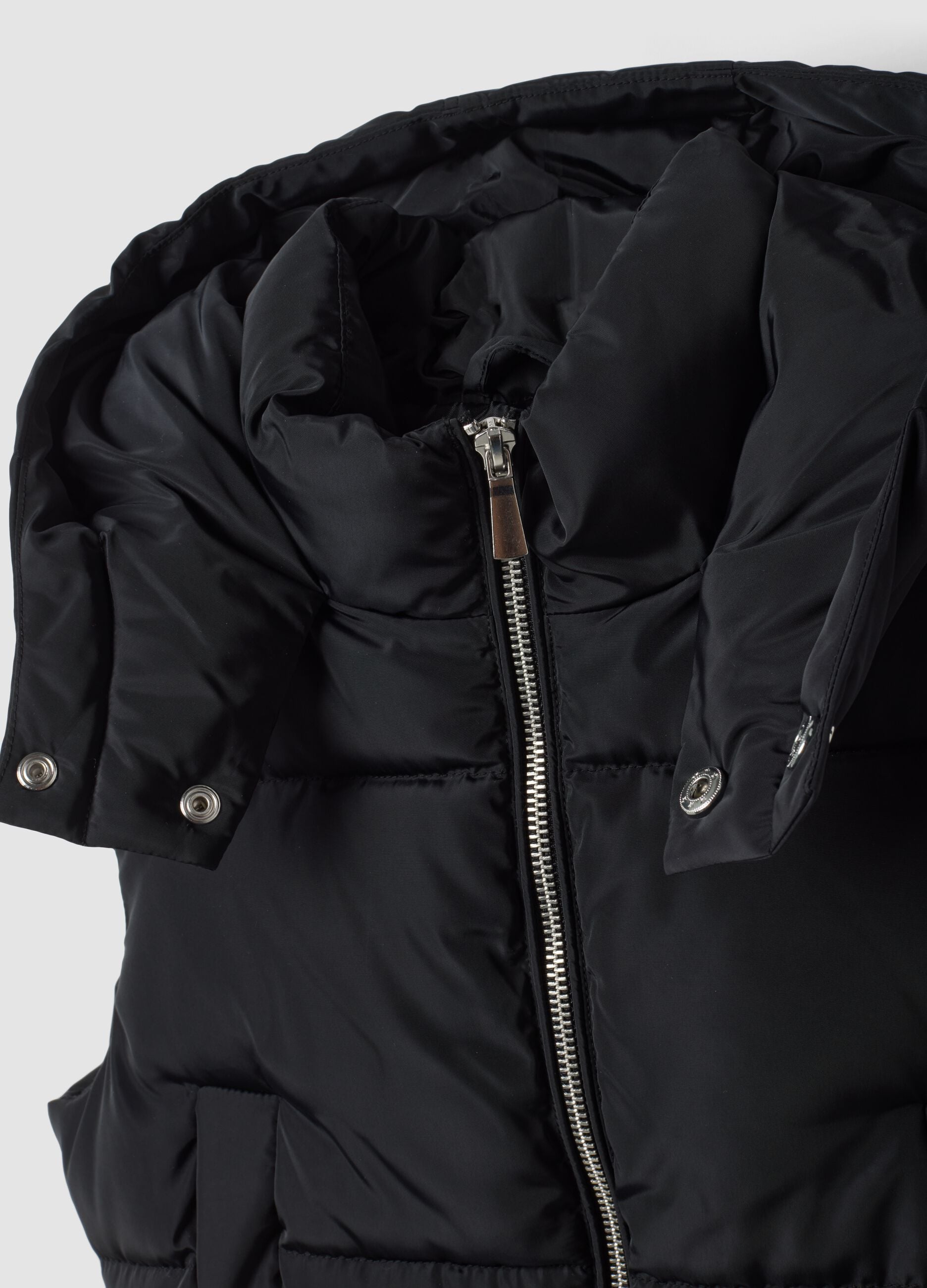 Black padded gilet with hood and zip
