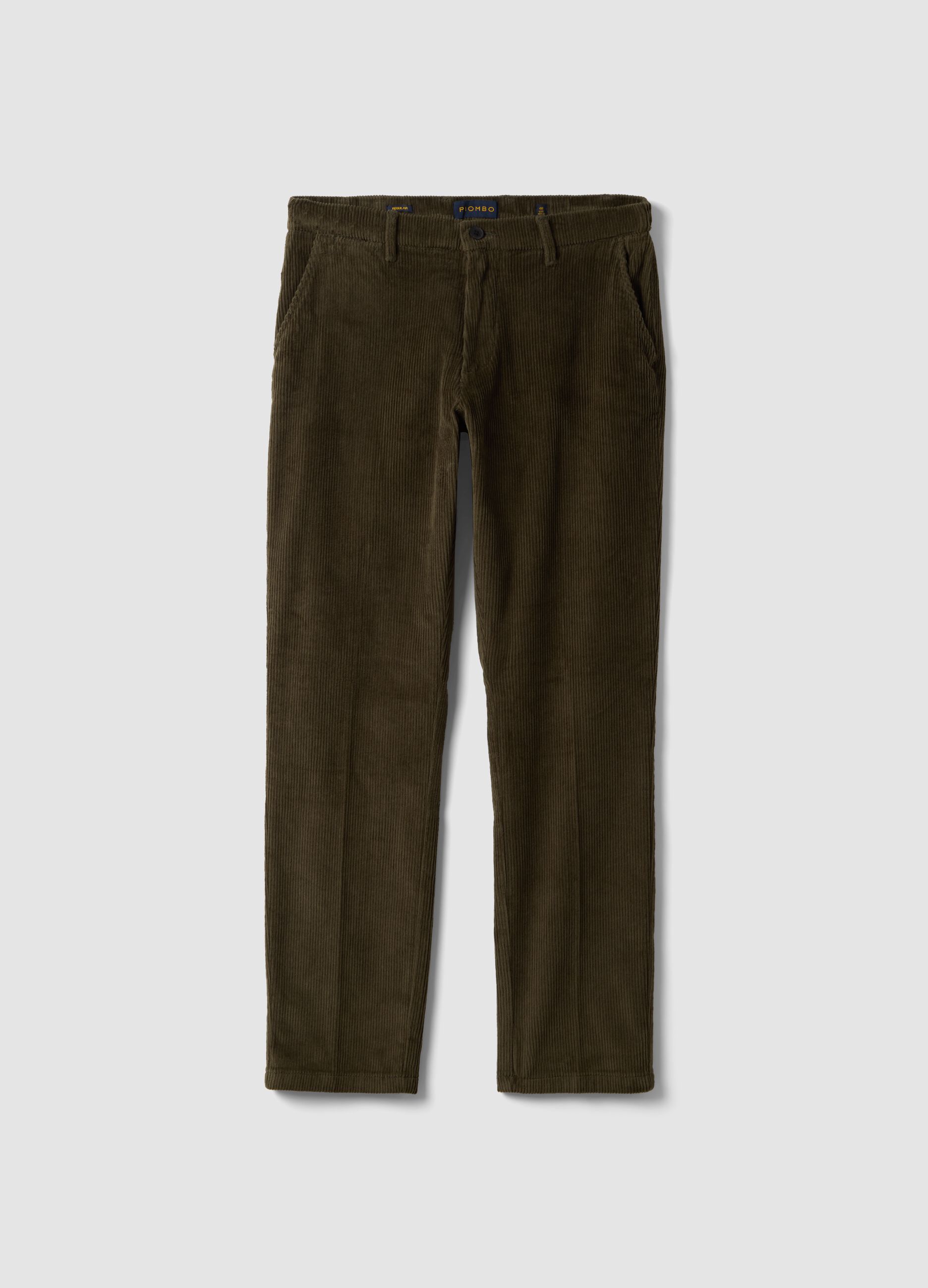 Cal&ccedil;as chino verdes regular fit em algod&atilde;o el&aacute;stico canelado