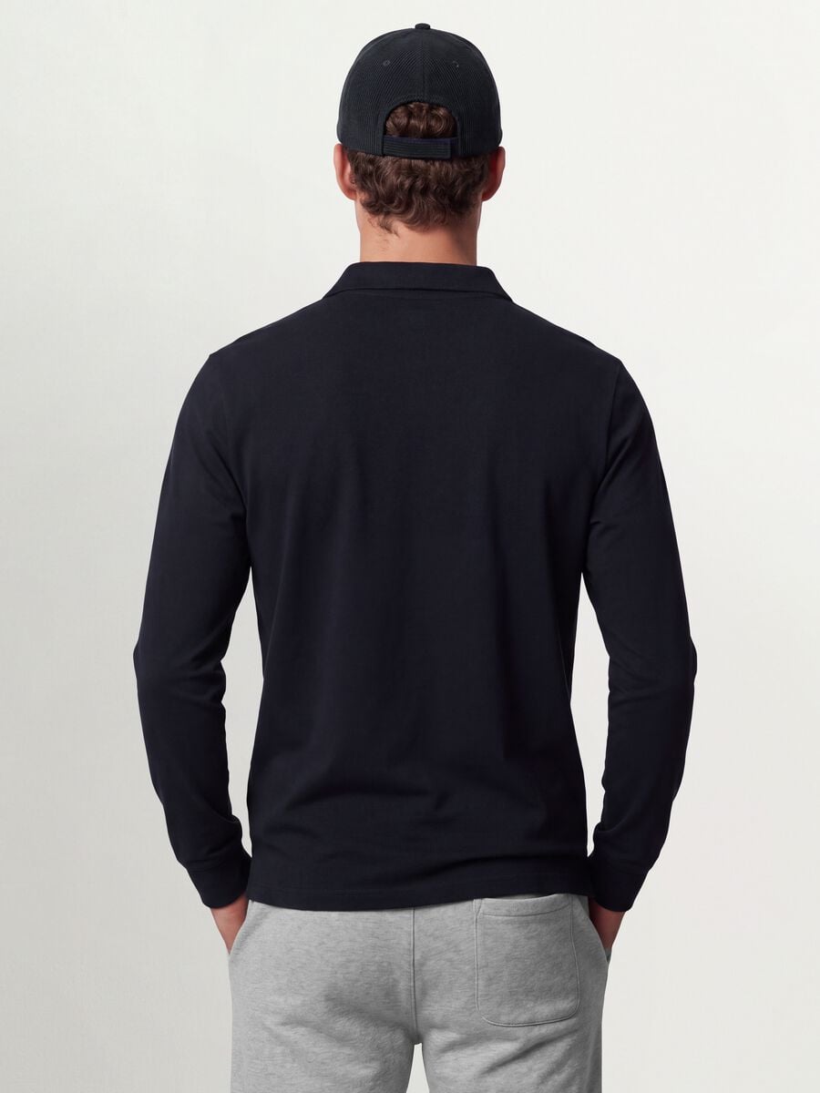 Blue long-sleeved regular-fit polo shirt in pure organic cotton piqu&eacute;_3