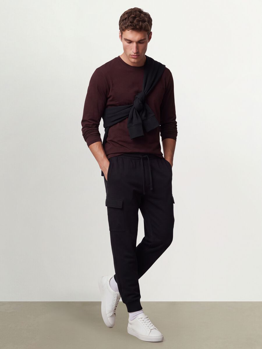 Brown long-sleeved pure organic cotton crew-neck T-shirt_1