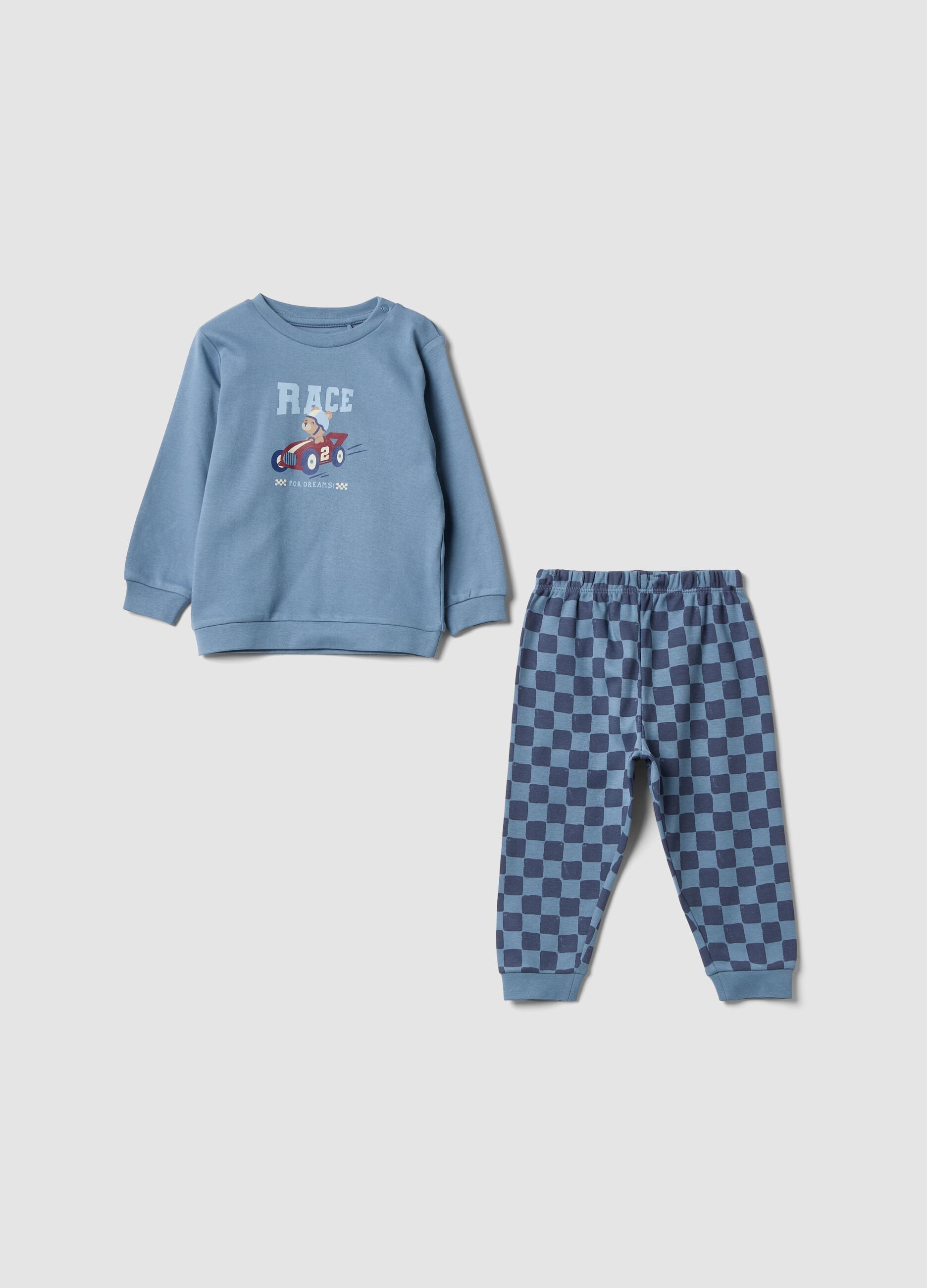 Pijama azul de algod&atilde;o org&acirc;nico com cal&ccedil;as aos quadrados para beb&eacute;