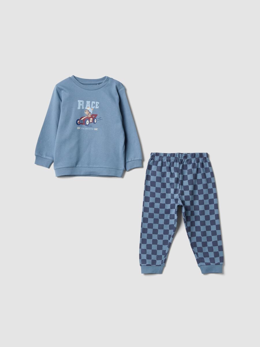 Pyjama b&eacute;b&eacute; bleu en pur coton bio avec pantalon &agrave; carreaux_0