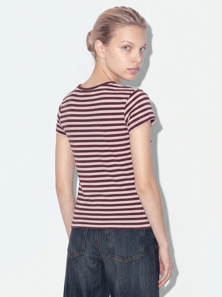 Brown pure cotton crew-neck striped T-shirt_0