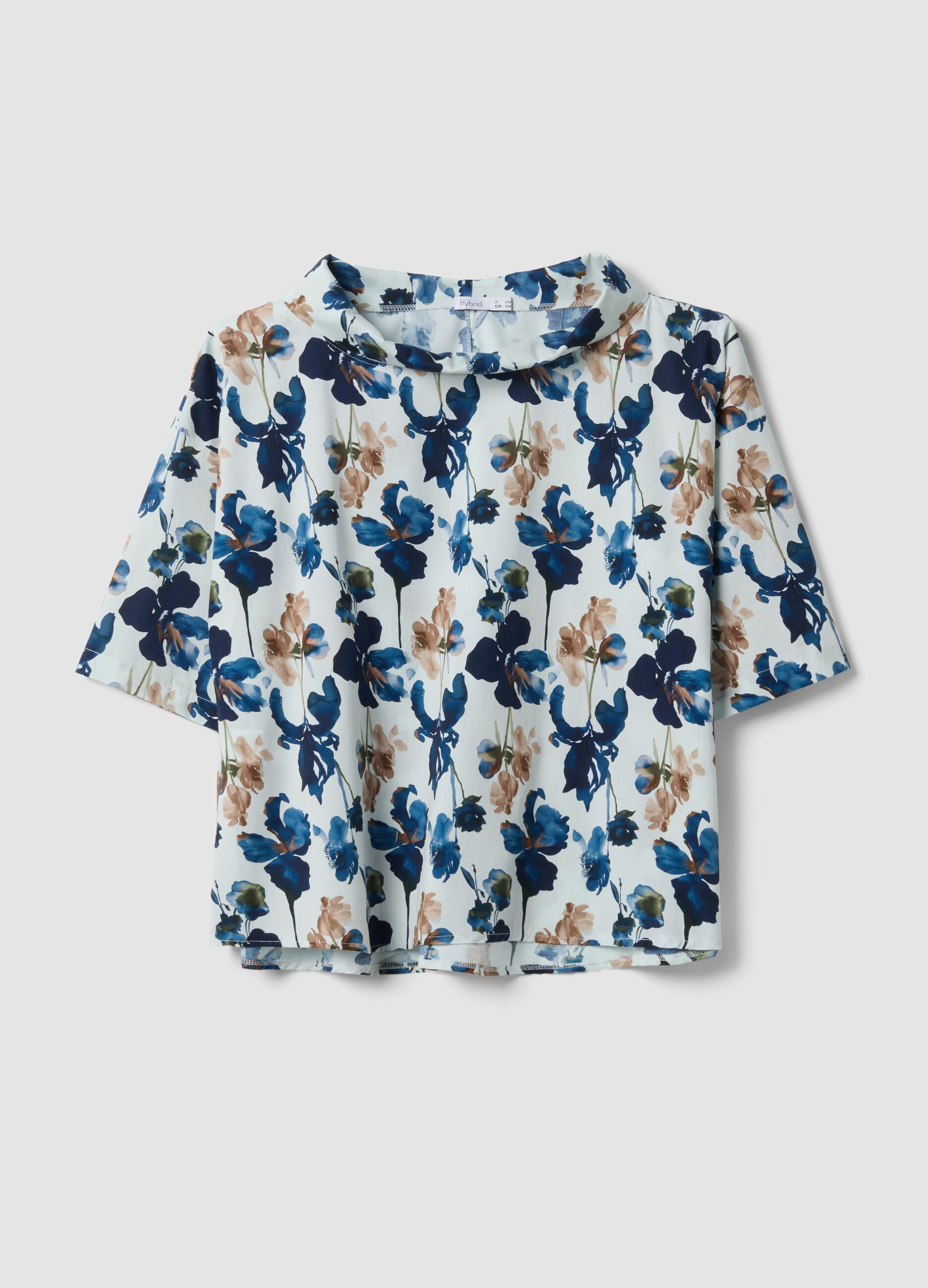 Blue stretch-cotton top with floral print