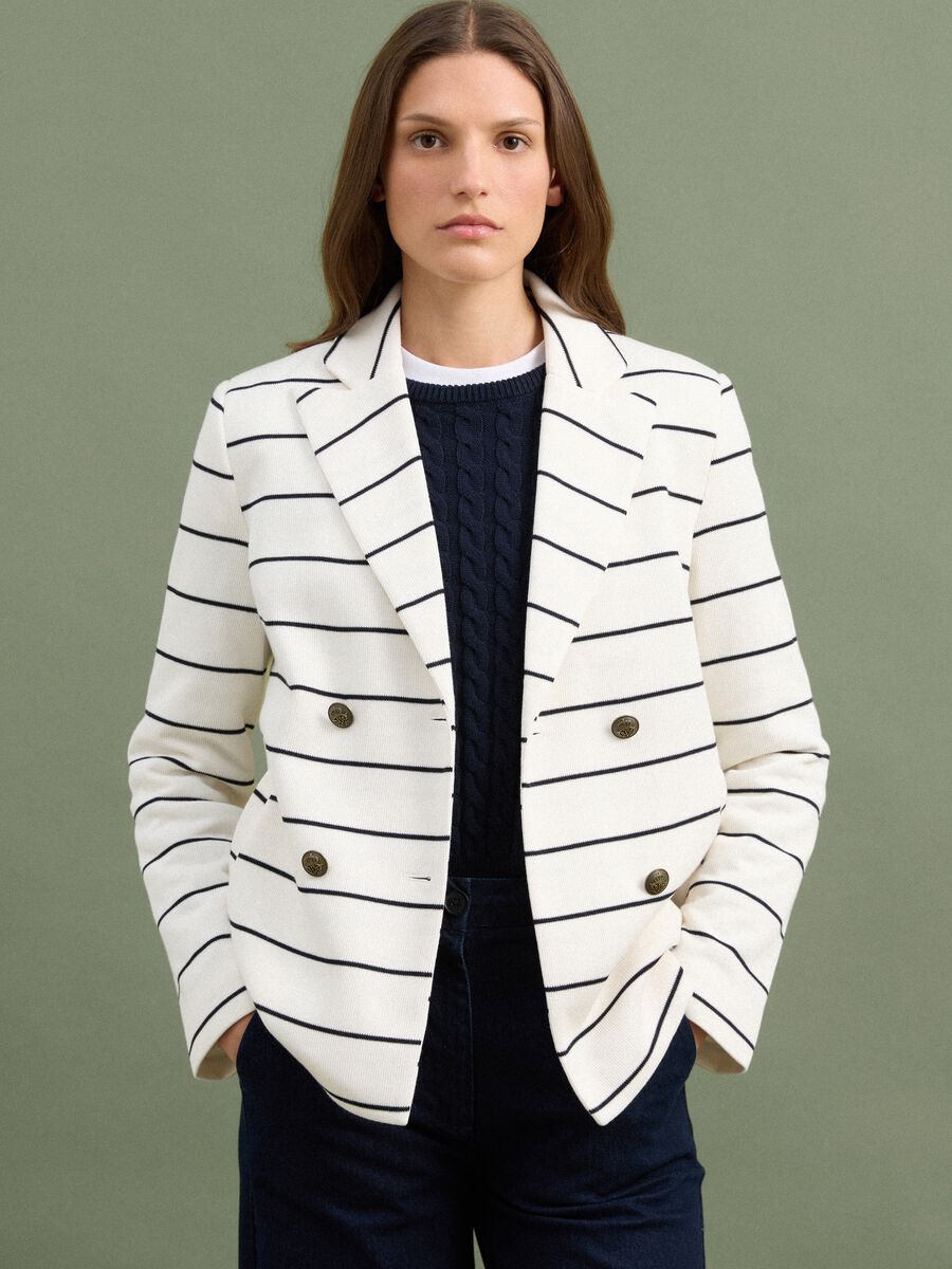 Weisser, gestreifter Regular-Fit Zweireiher-Blazer mit klassischem Revers_1
