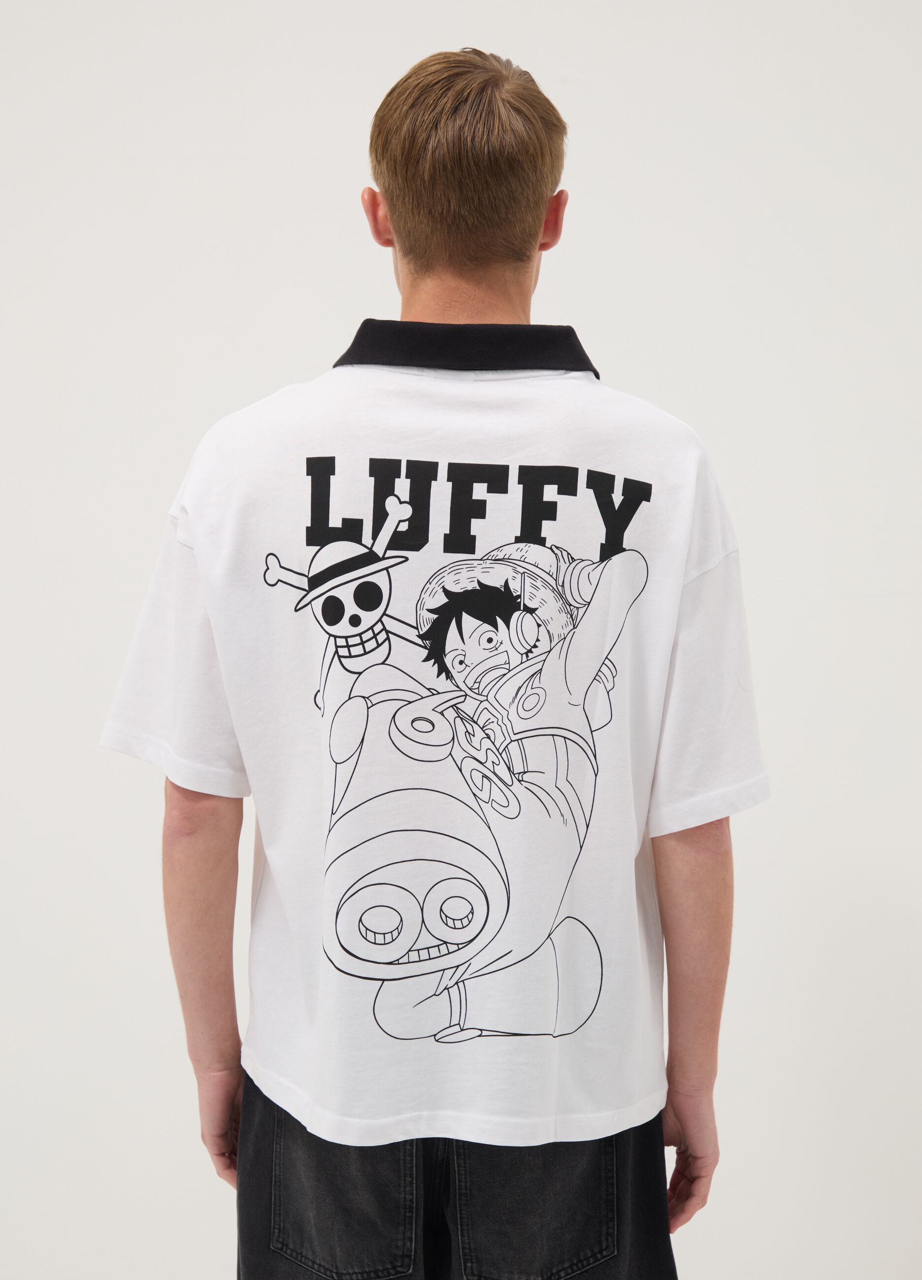 Wei&szlig;es T-Shirt aus reiner Baumwolle mit Kontrastkragen und One Piece-Print