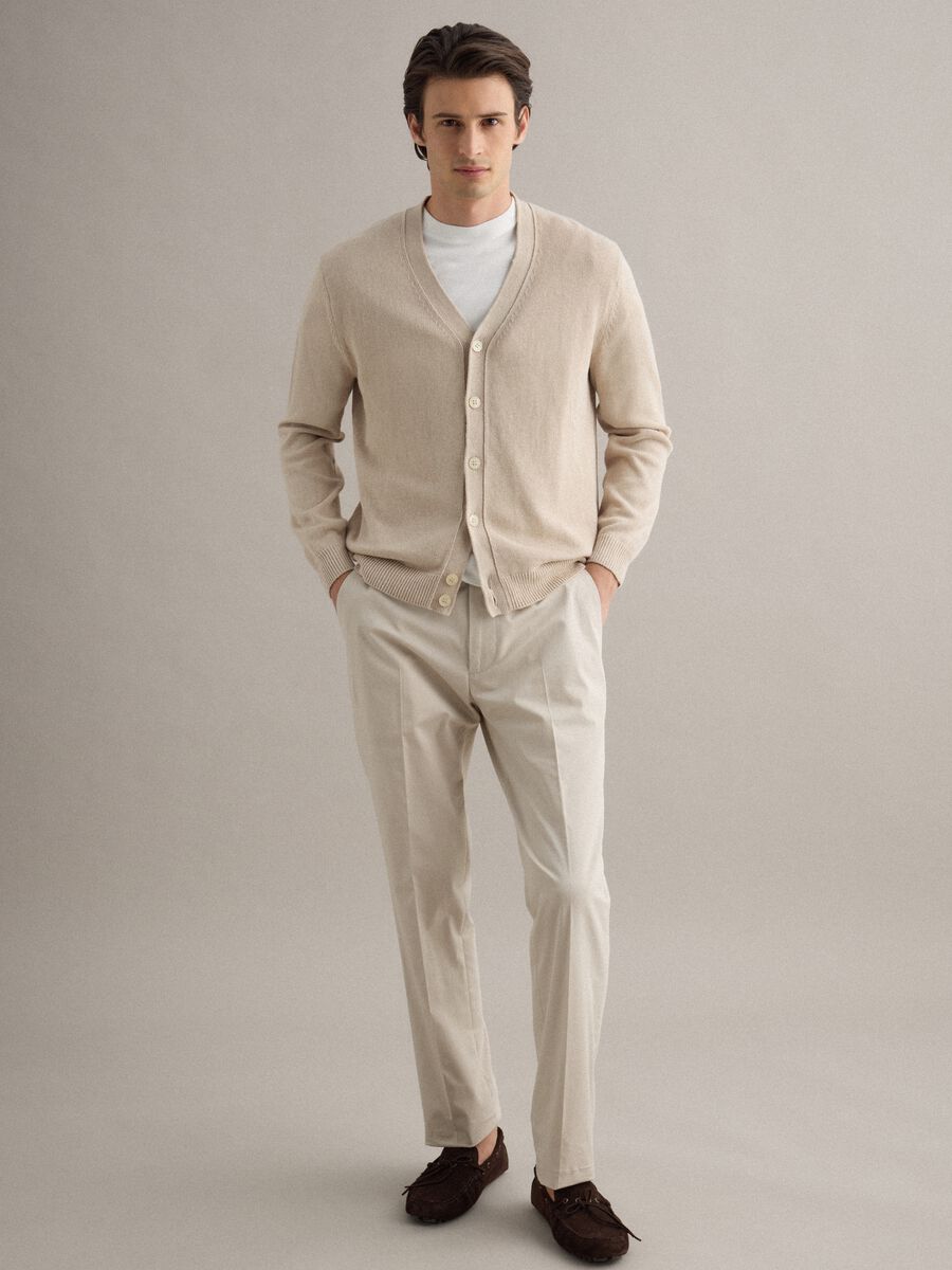 Beige deep V regular fit cotton and linen blend cardigan_2