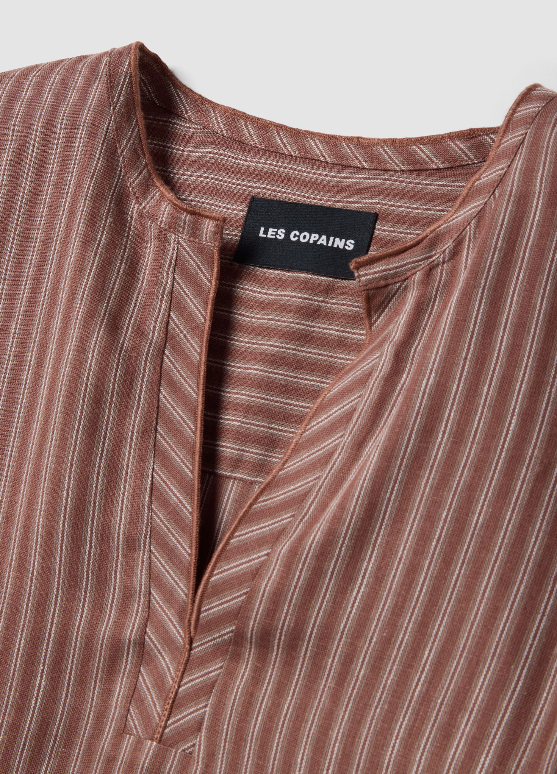 Regular fit multicolour striped linen-blend shirt with a Mandarin collar