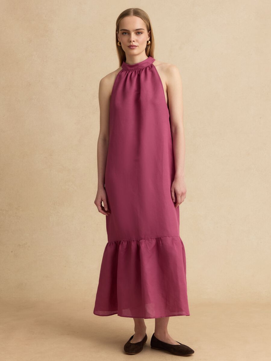 Pink linen-viscose blend halterneck dress, regular fit_1