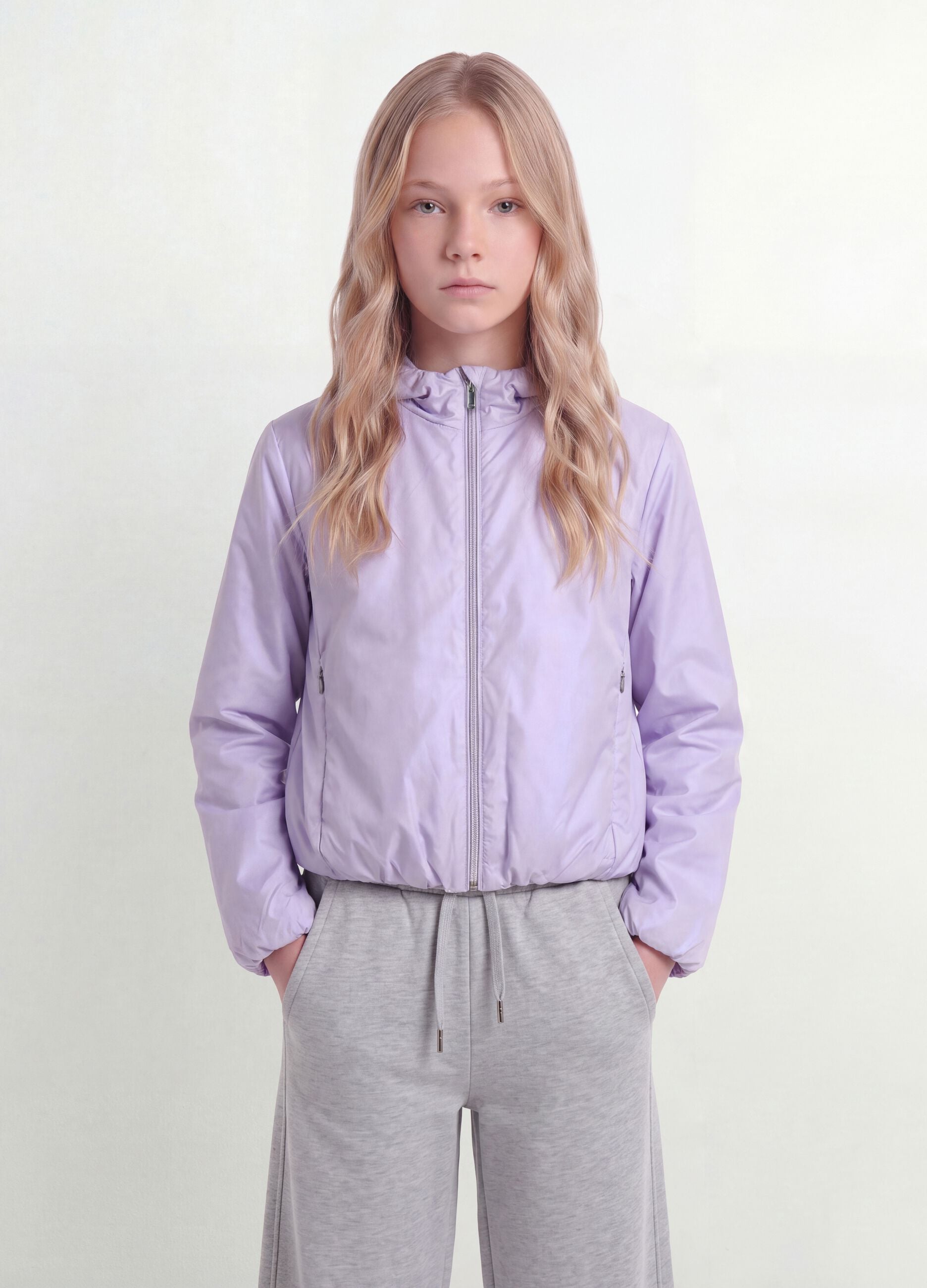 Purple hooded rain jacket with zip for girls