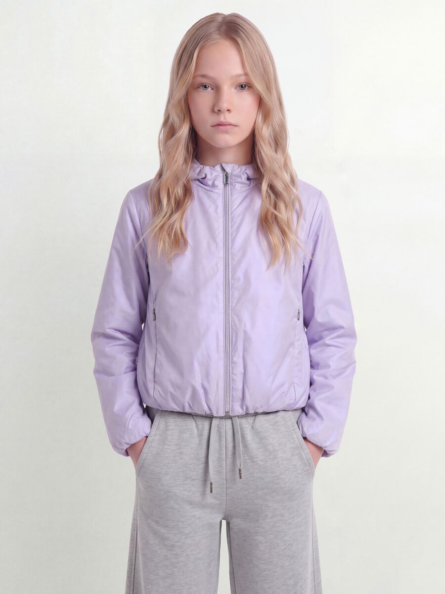 Purple hooded rain jacket with zip for girls_0